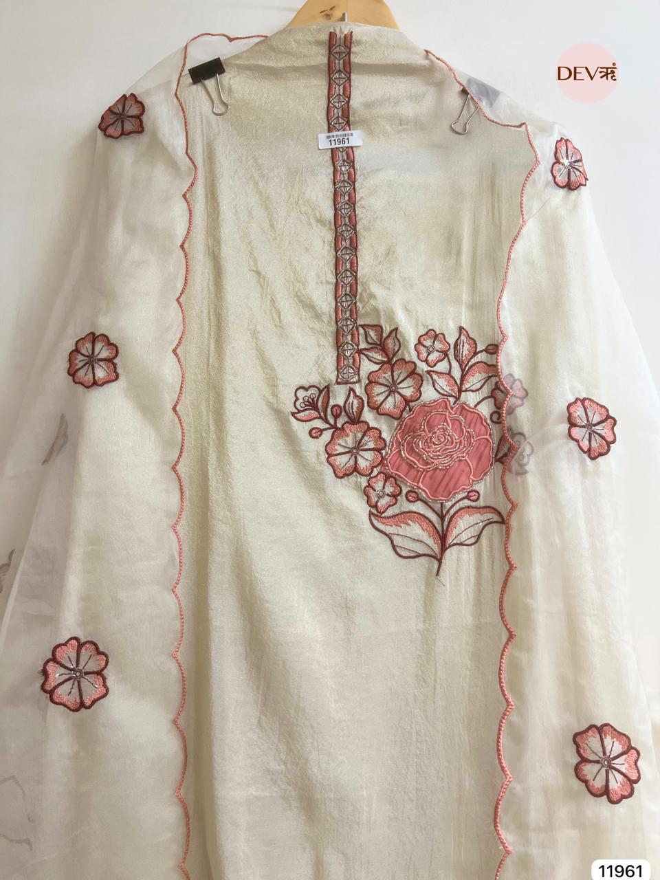 Ivory Tissue Shimmer Embroidered Unstitched 3-Piece Suit (Devri – D.No 11961)