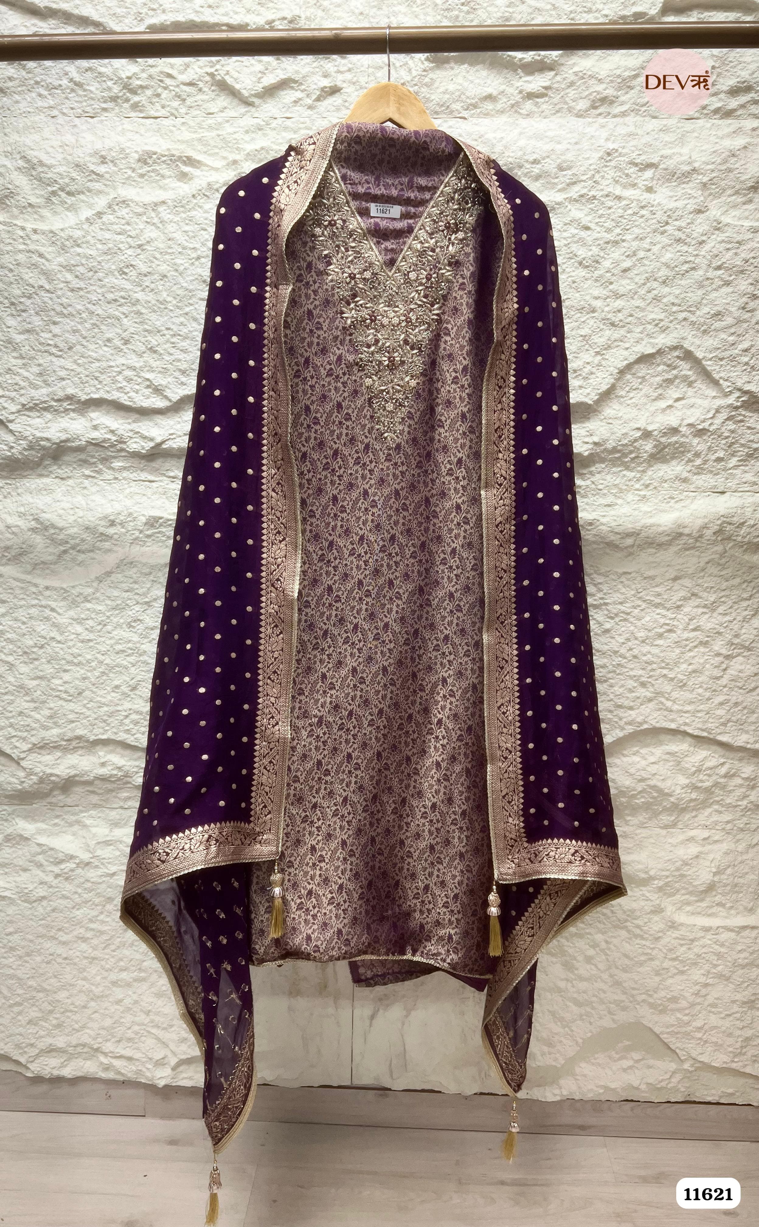 Purple Pure Tissue Banarasi Silk Unstitched Hand Embroidered -Set Of 3 {11621}
