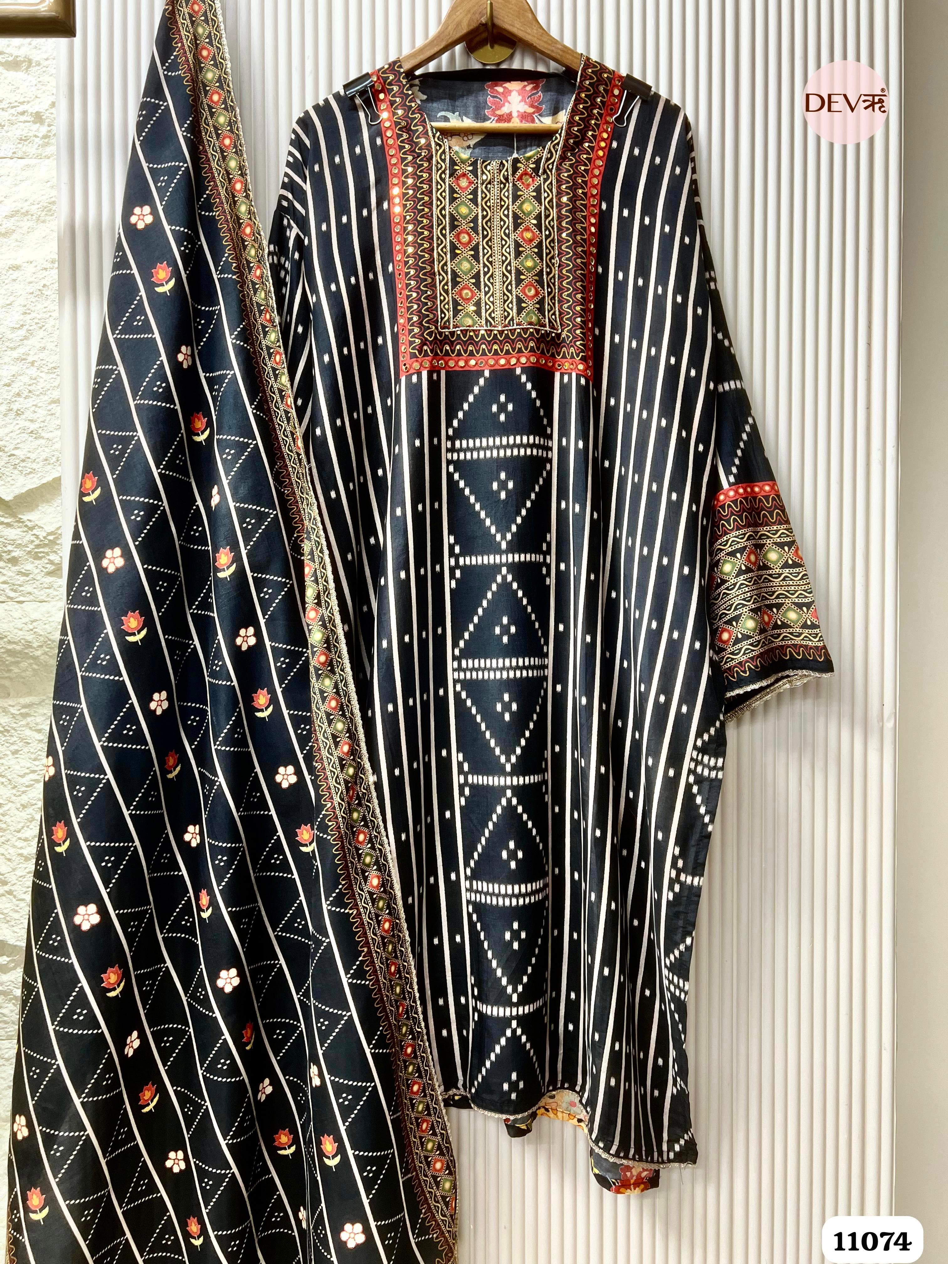 Black Muslin Printed Semi Stitched Hand Embroidered -Set Of 3