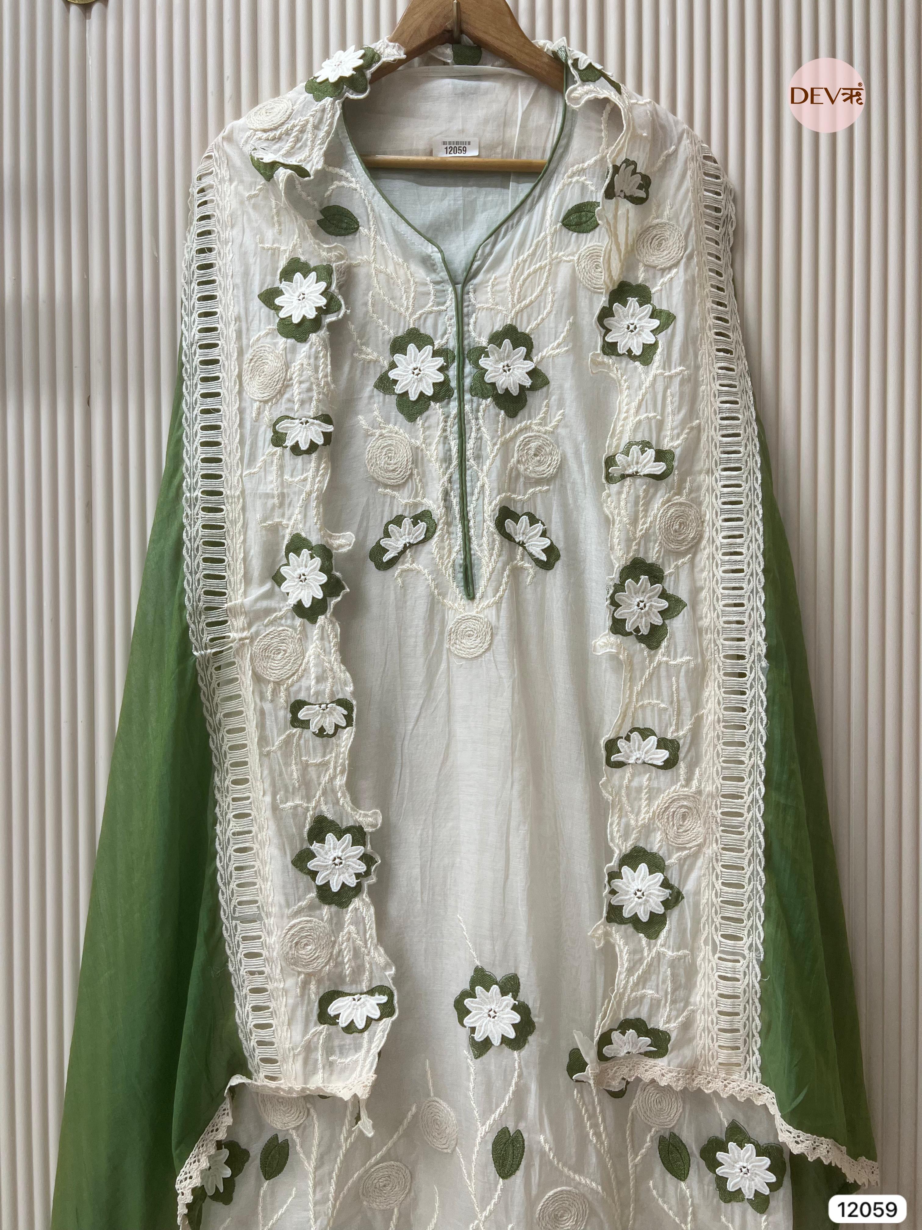 White Mul Chanderi Unstitched With Hand Embroidered -Set Of 3 - {12059}