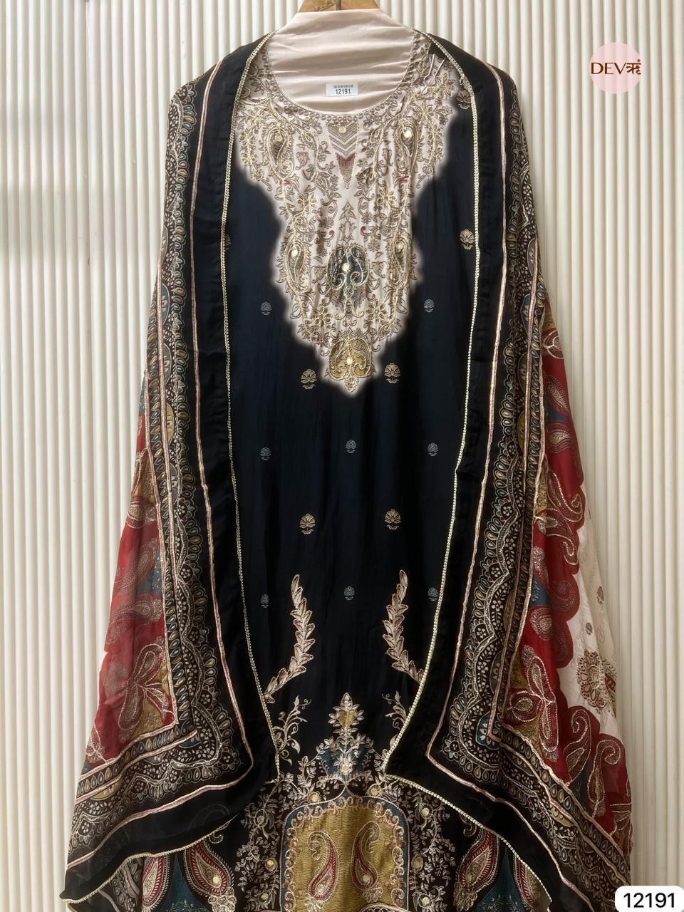 Black Muslin Embroidered Unstitched 3-Piece Suit (Devri – D.No 12191)