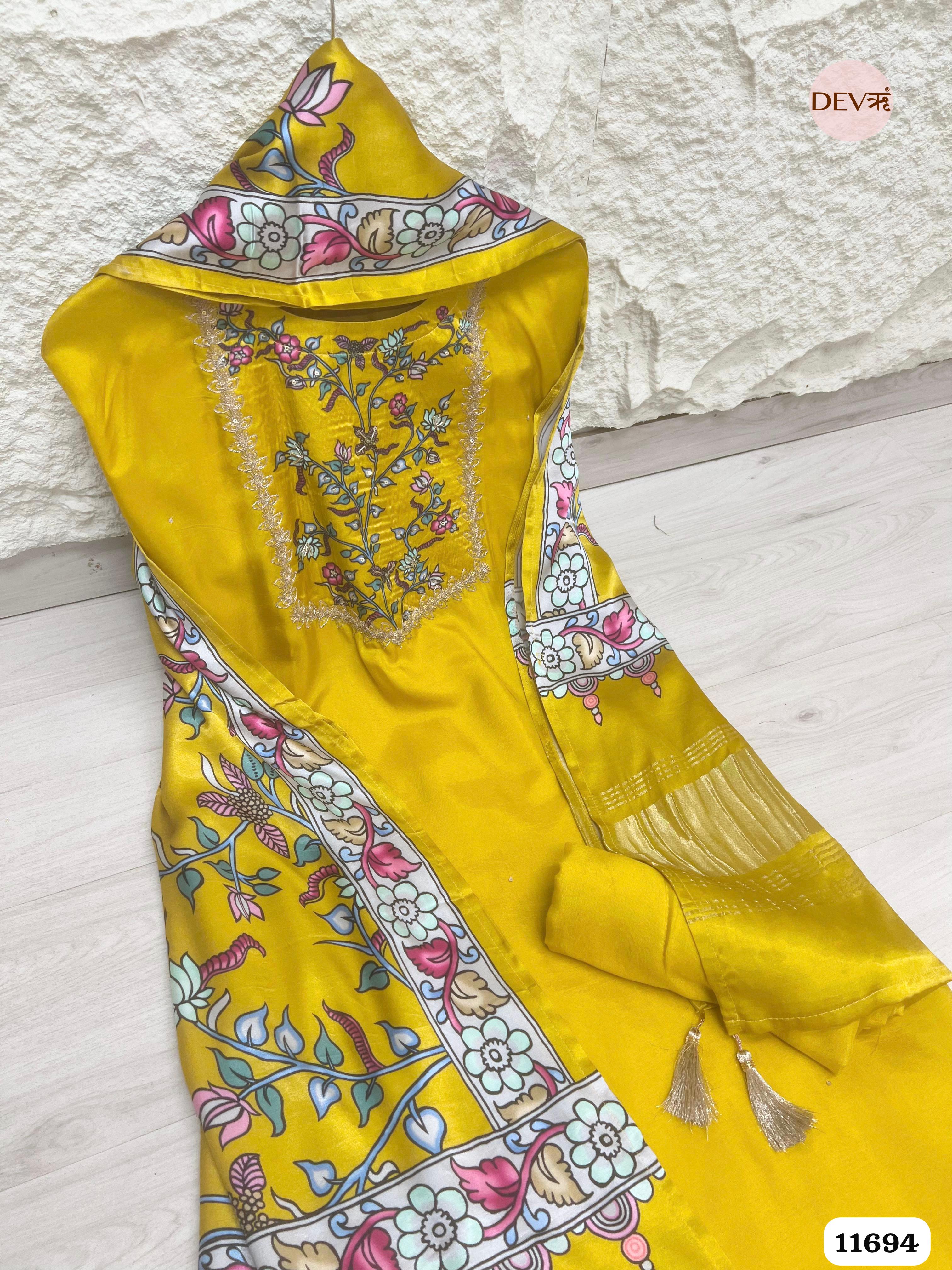 Yellow Russian Silk Unstitched Embroidered -Set Of 3 {11694}