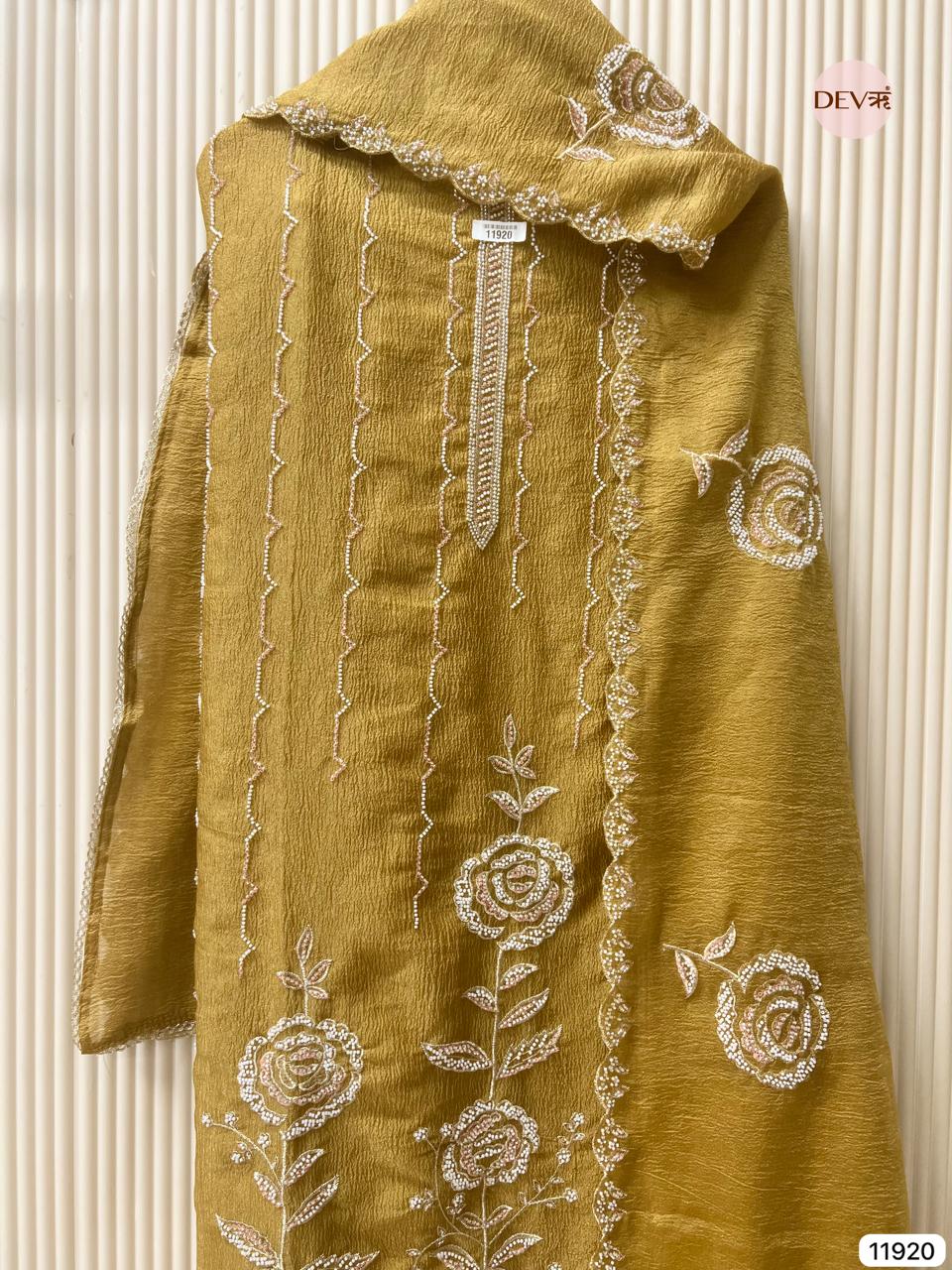 Yellow Pure Tissue Crush Unstitched Hand Embroidered -Set Of 3 - {11920}