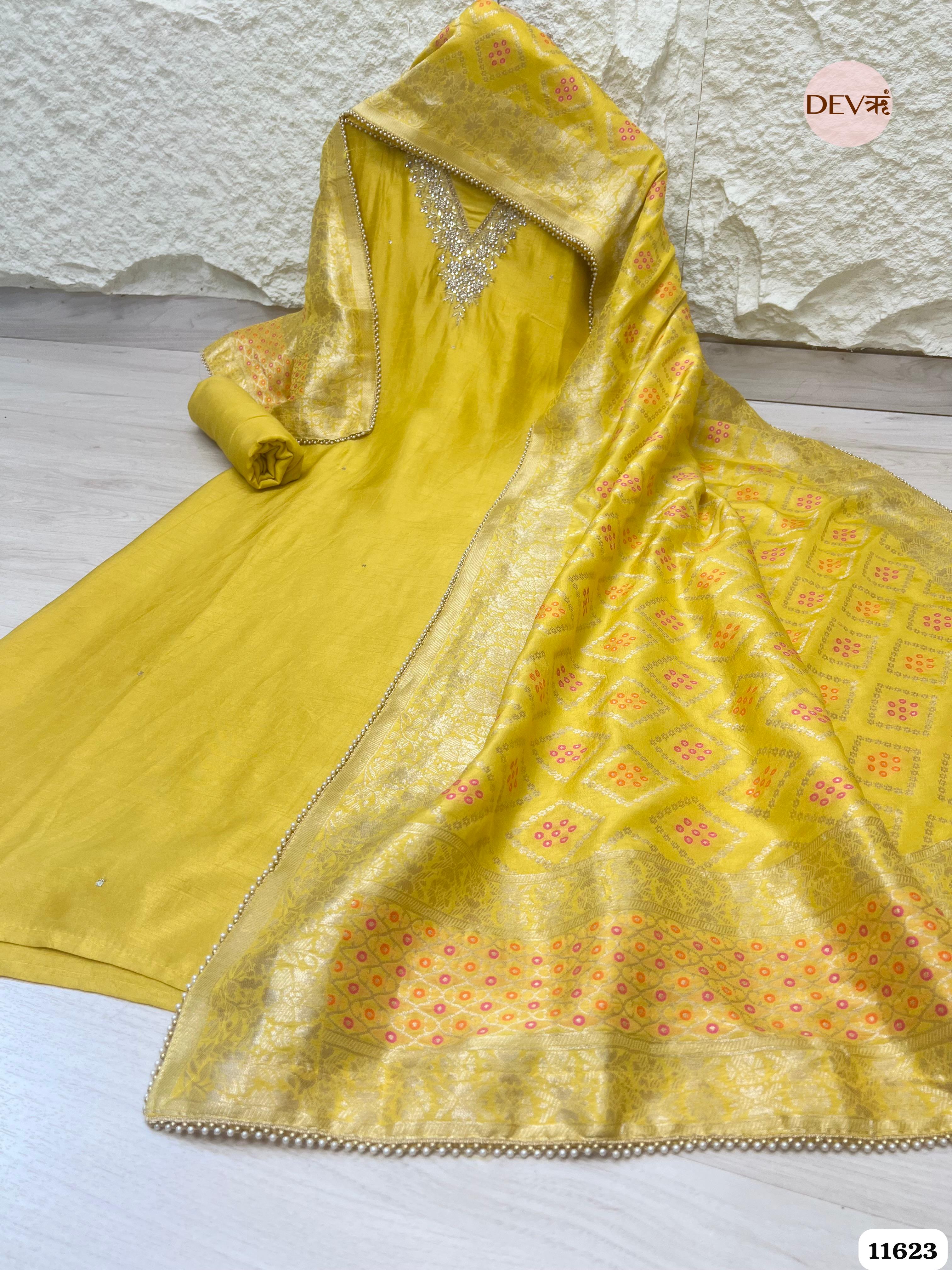 Yellow Pure Russian silk Unstitched Hand Embroidered -Set Of 3 {11623}