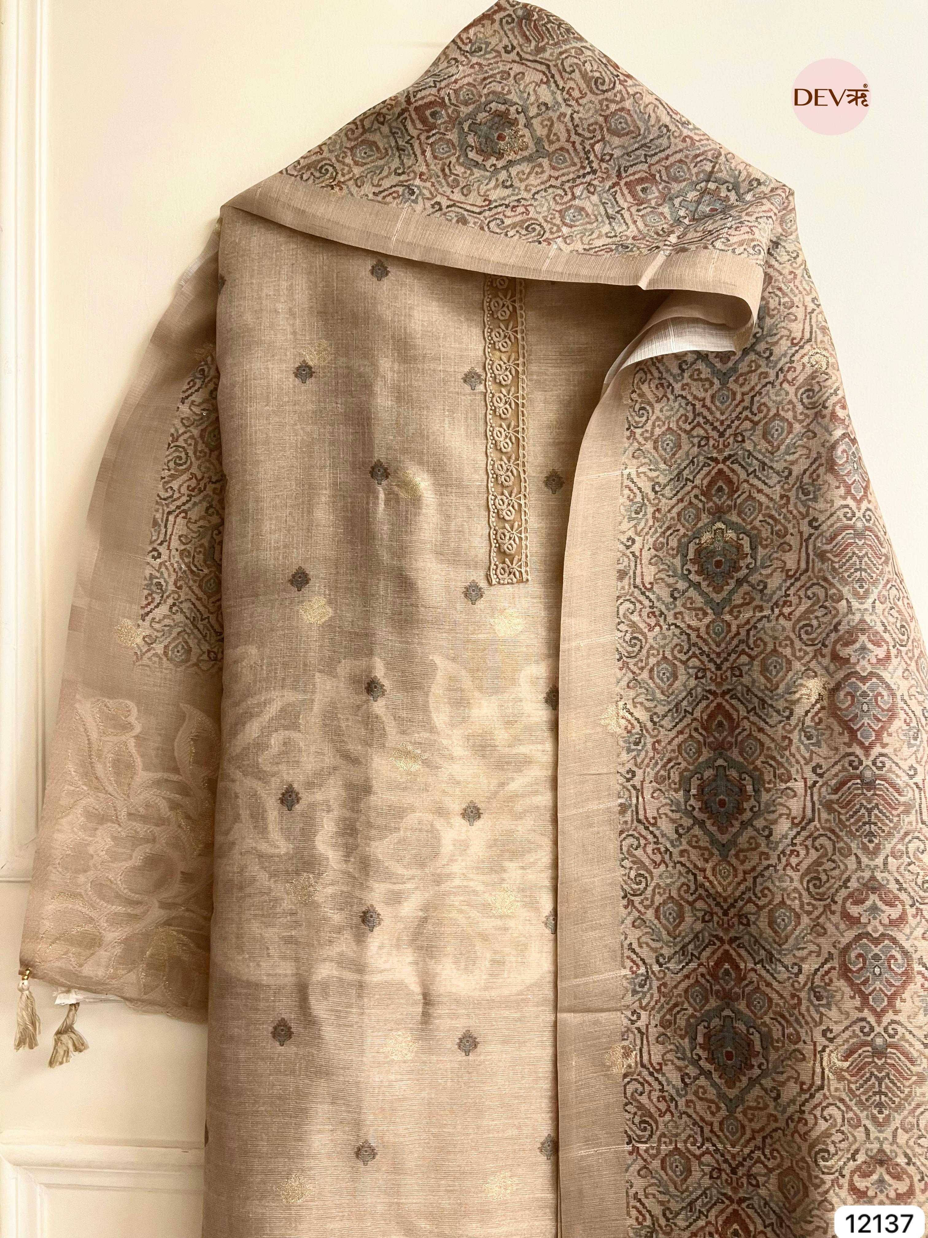 Beige Pure Jamdhani Silk Unstitched Woven Embroidered -Set Of 3 - {12137}