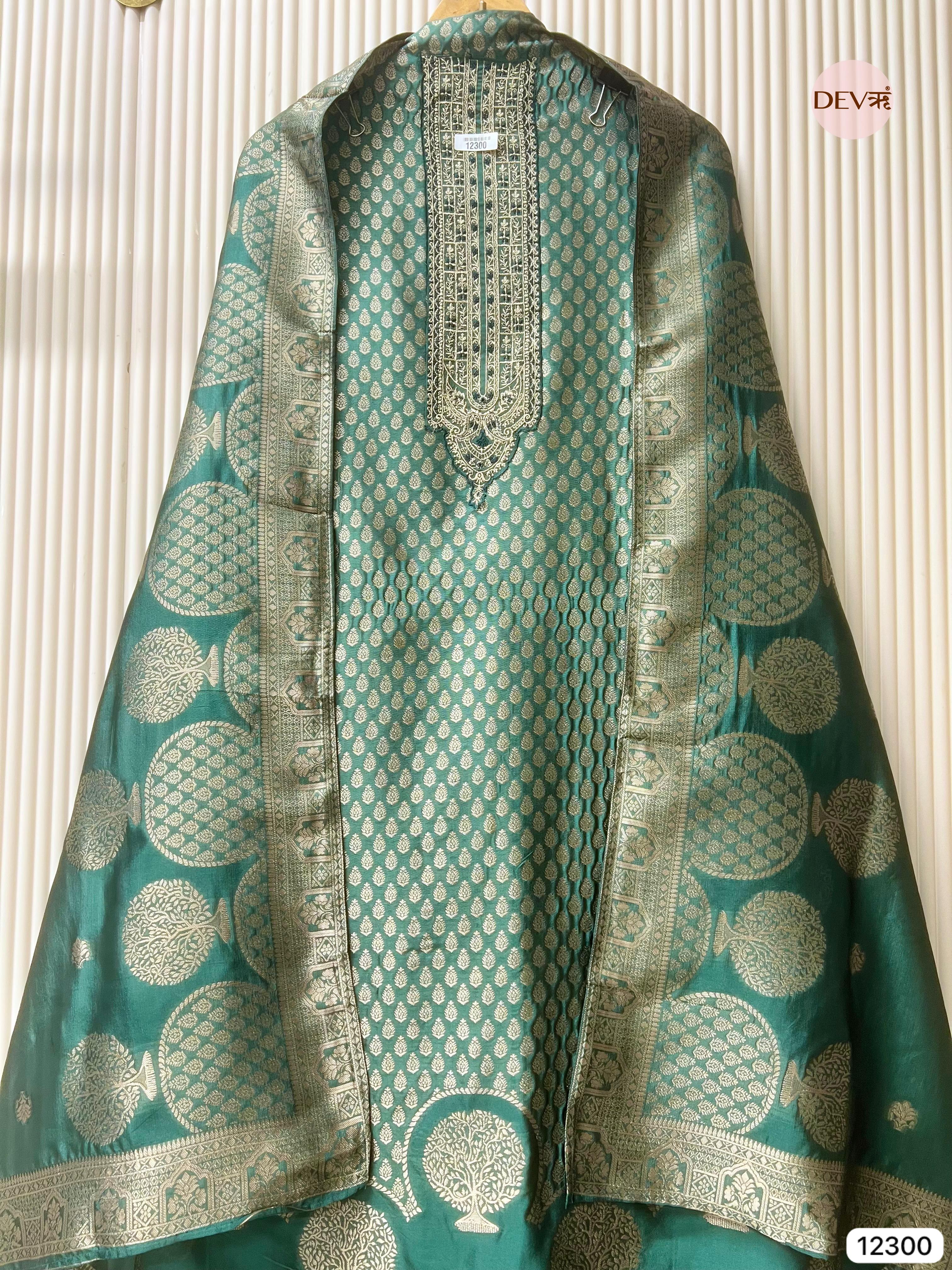 Teal Green Pure Banarasi Silk Woven Unstitched 3-Piece Suit (Devri – D.No 12300)
