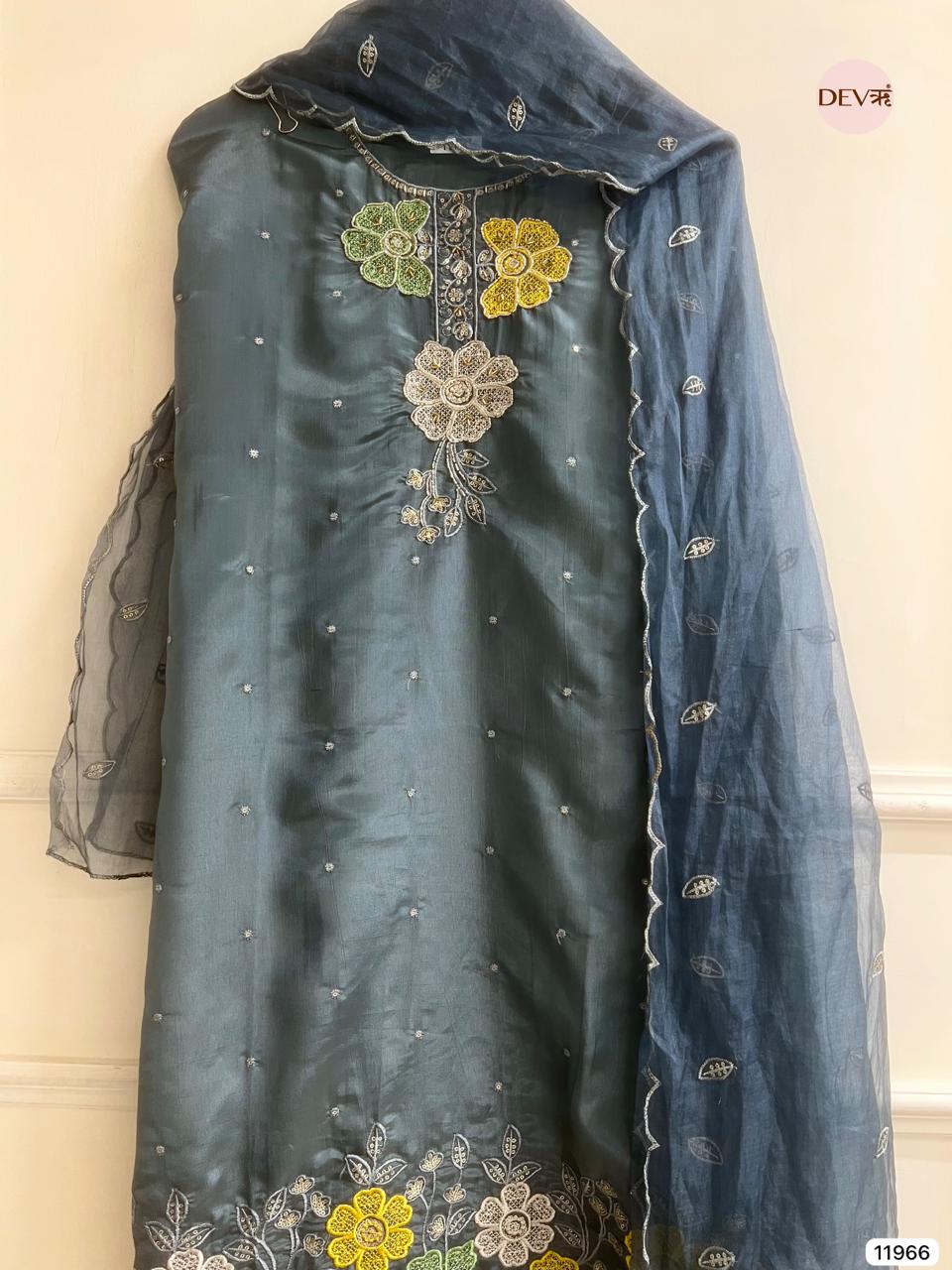 Blue Tissue Shimmer Silk Unstitched Embroidered -Set Of 3 - {11966}