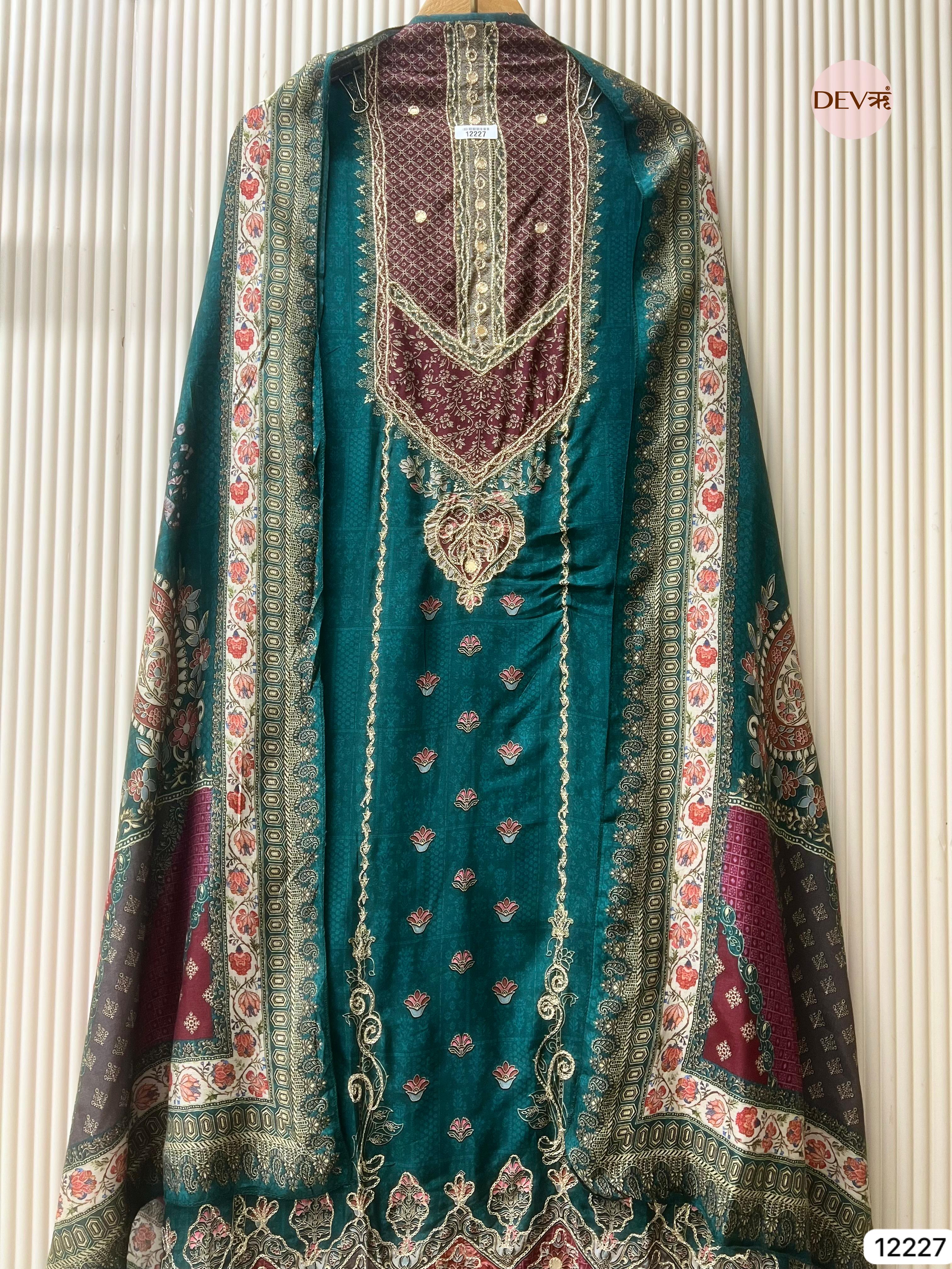 Teal Pure Muslin Printed Unstitched 3-Piece Suit (Devri – D.No 12227)