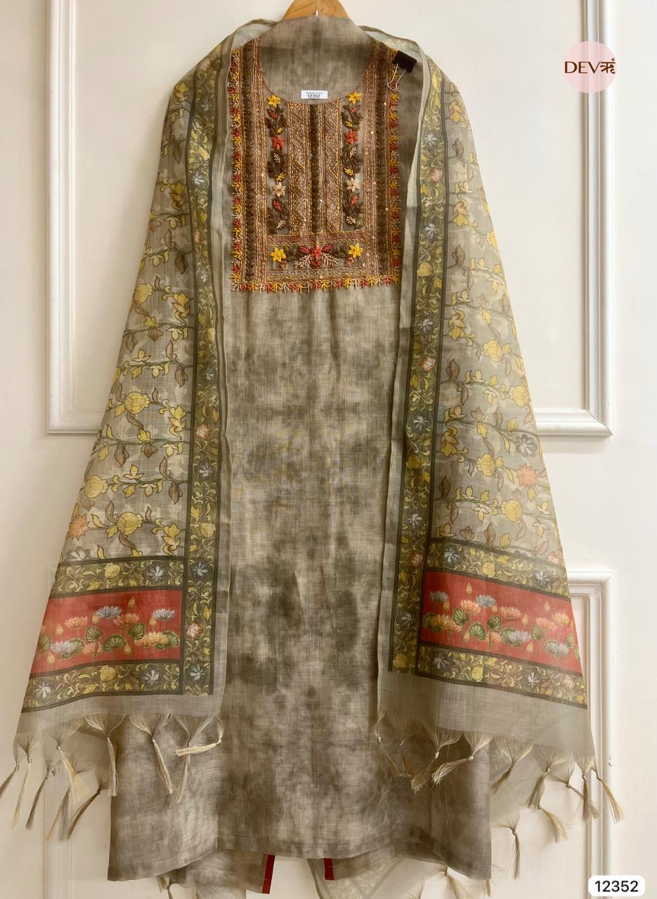 Olive Grey Linen Hand Embroidered Unstitched 3-Piece Suit (Devri – D.No 12352)