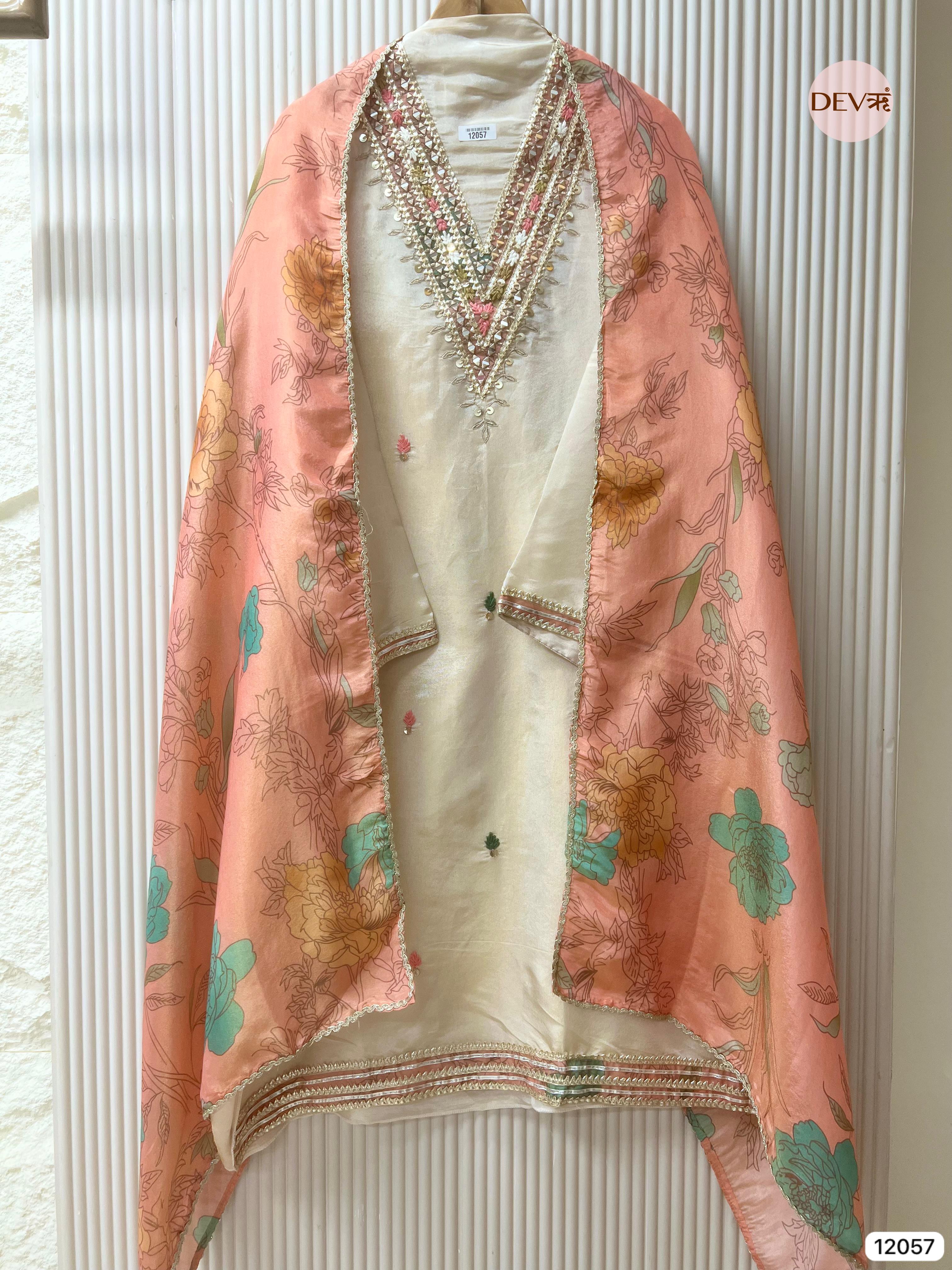 Cream Colour Tissue Shimmer Silk Semi Stitched Hand Embroidered -Set Of 3 - {12057}
