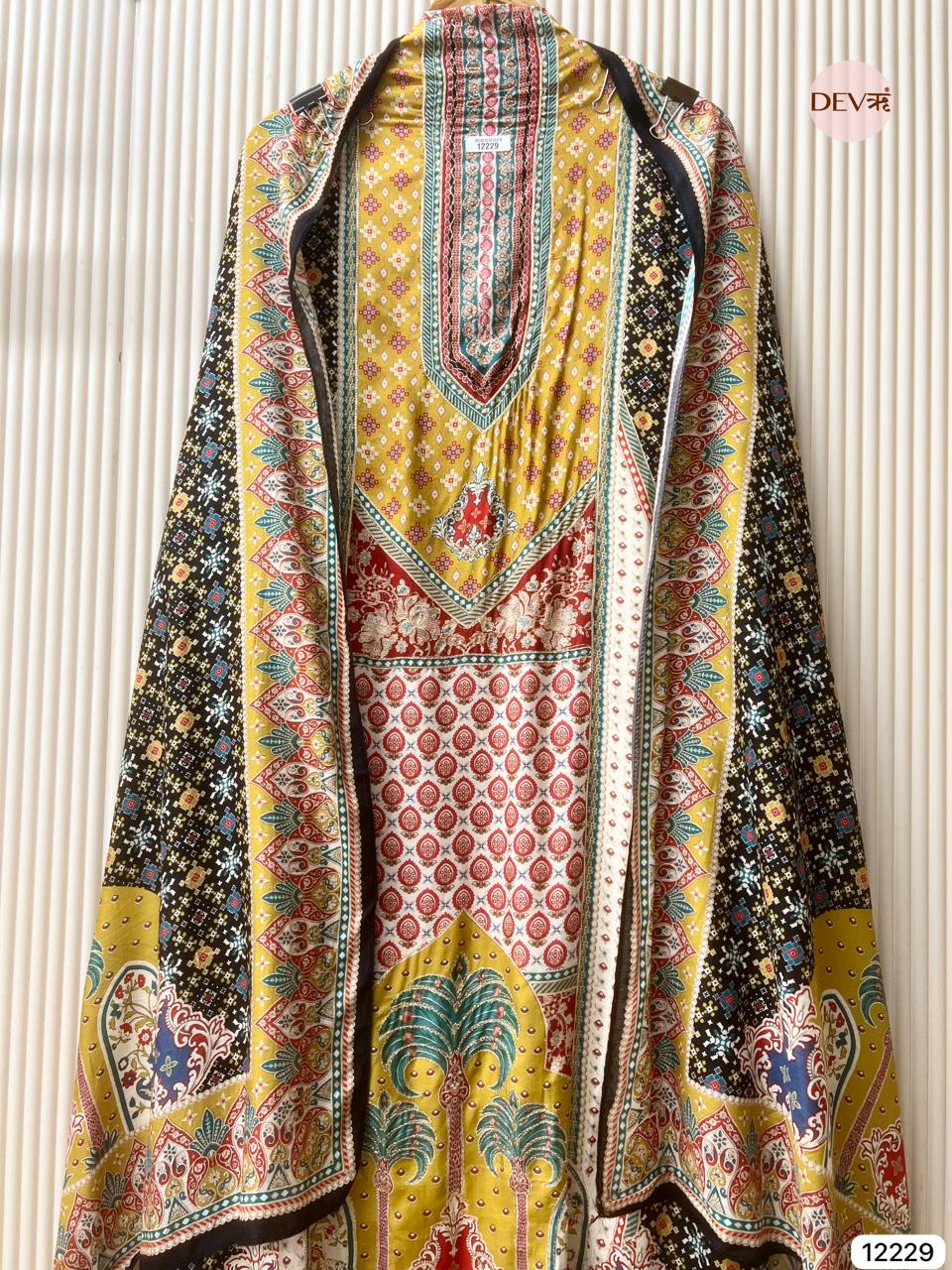 Multicolour Pure Muslin Printed Unstitched 3-Piece Suit (Devri – D.No 12229)