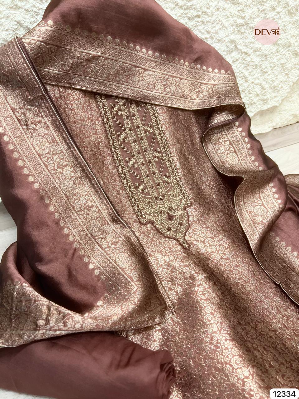 Rich Brown Pure Banarasi Silk Woven Unstitched 3-Piece Suit (Devri – D.No 12334)