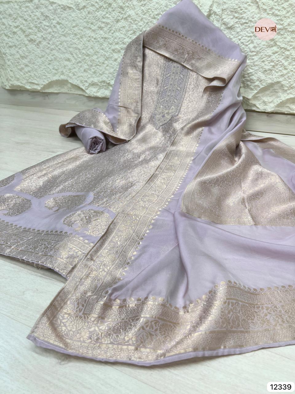Lavender Mauve Pure Banarasi Silk Embroidered Unstitched 3-Piece Suit (Devri – D.No 12339)