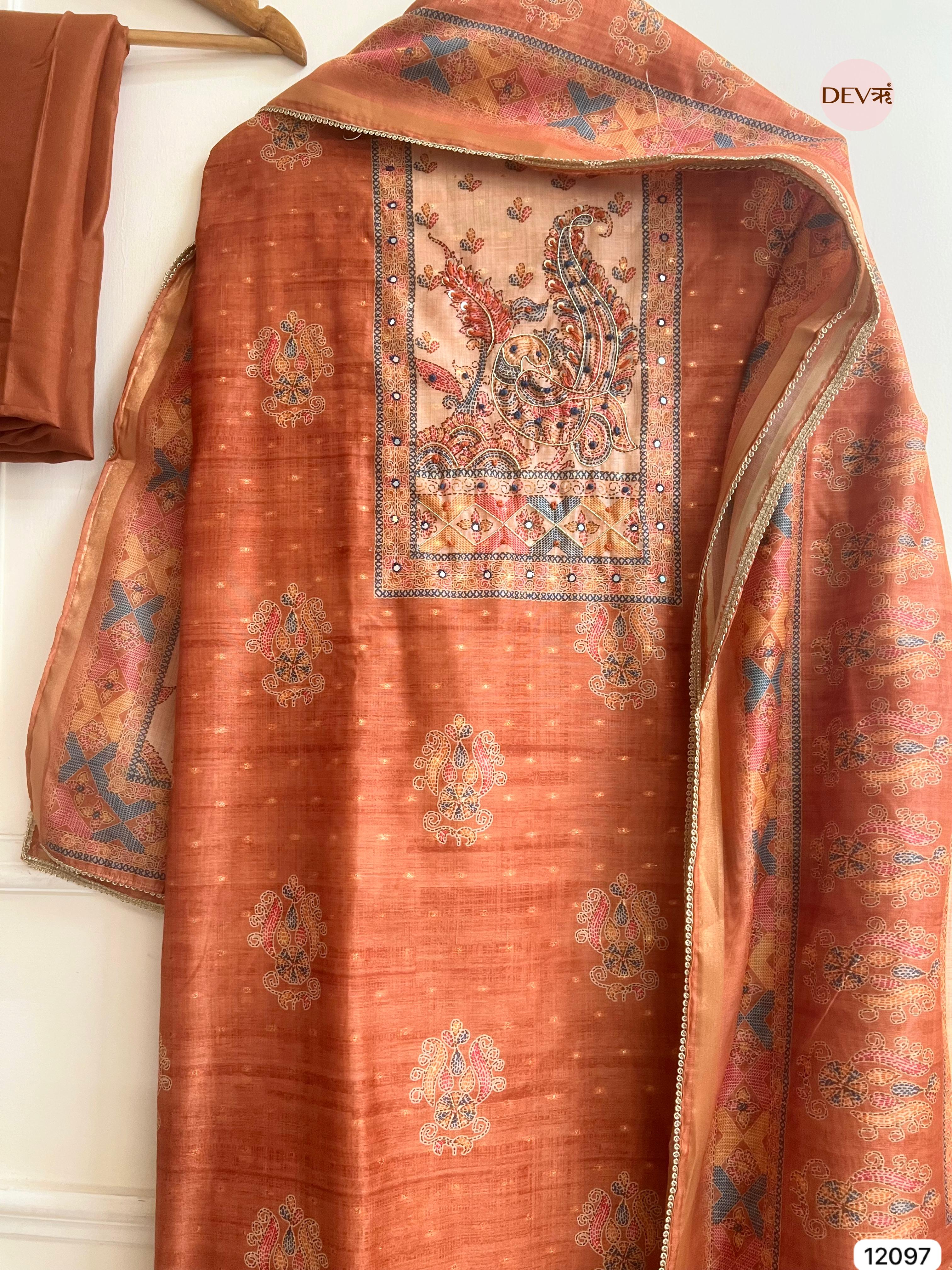Rust Tisser Khadi Silk Printed Unstitched Hand Embroidered -Set Of 3 - {12097}