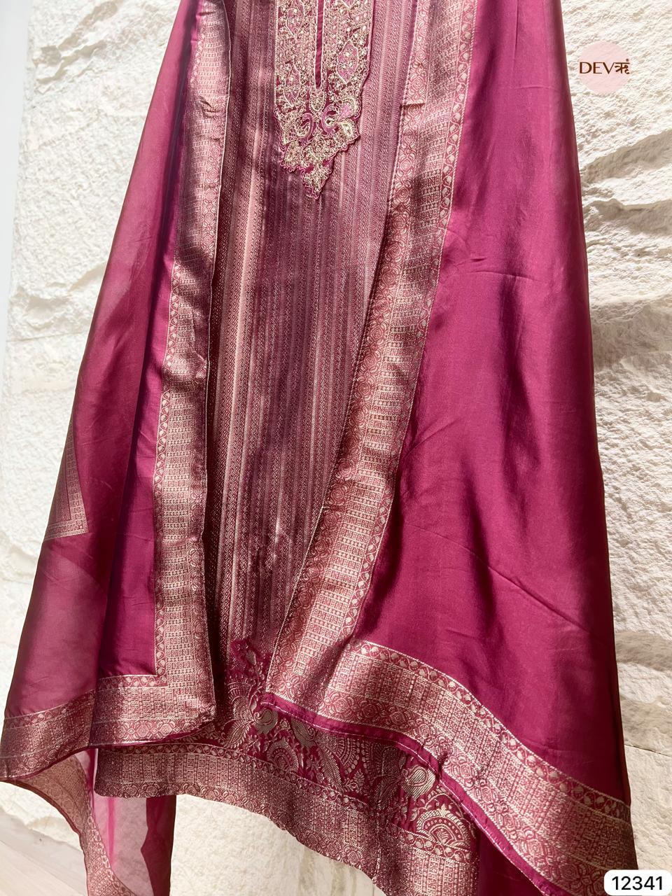 Wine Maroon Pure Banarasi Silk Woven Unstitched 3-Piece Suit (Devri – D.No 12341)