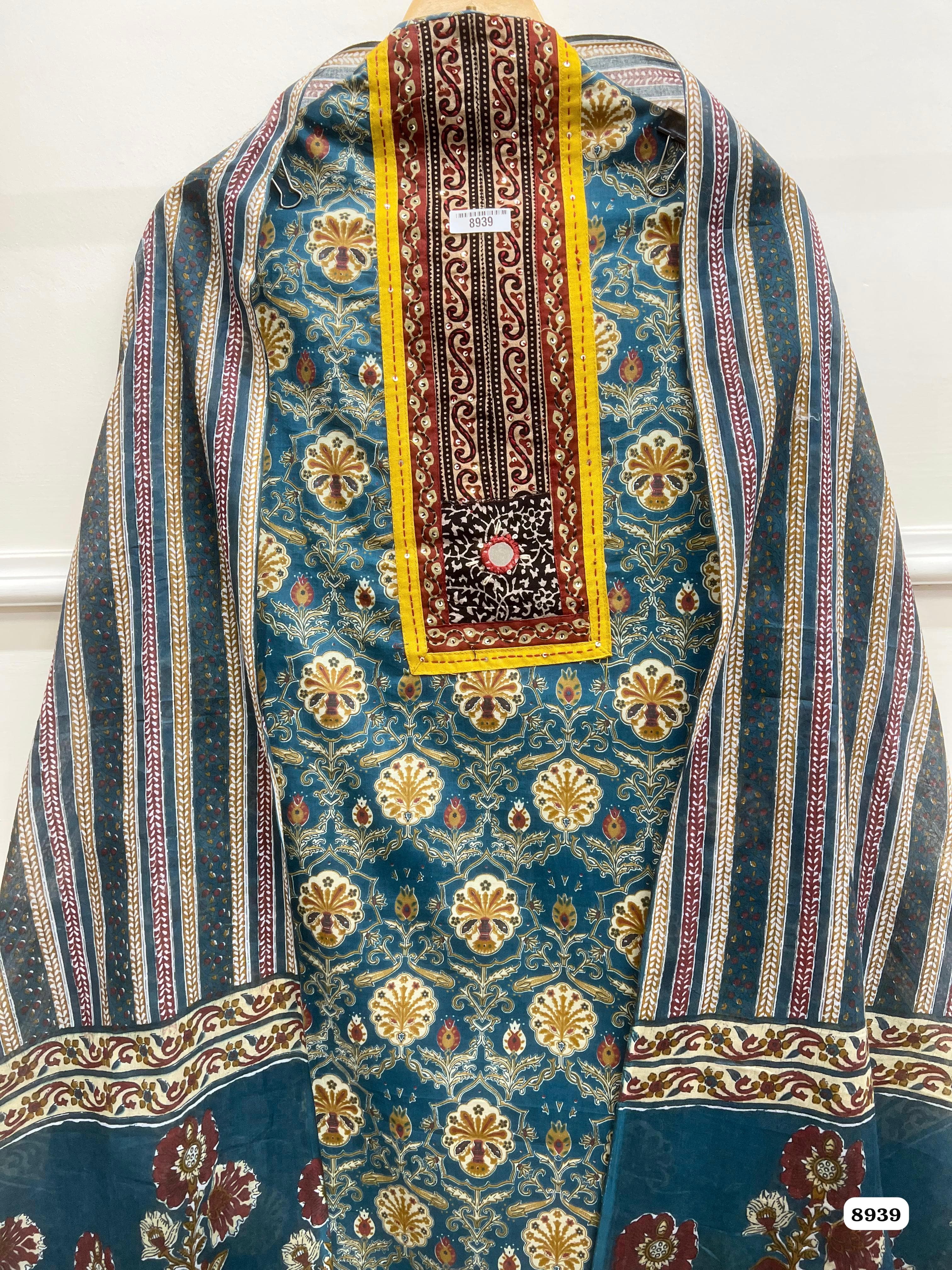 Blue Cotton Printed Unstitched Hand Embroidered -Set Of 3 {8939}