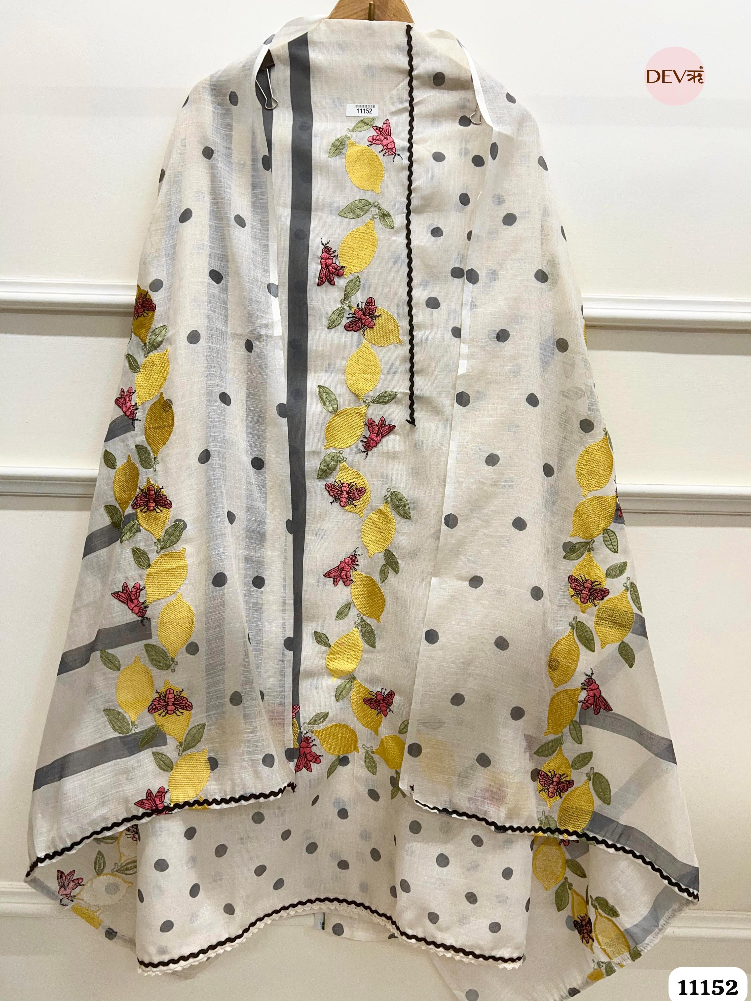 White Linen Unstitched Printed Embroidered -Set Of 3 {11152}
