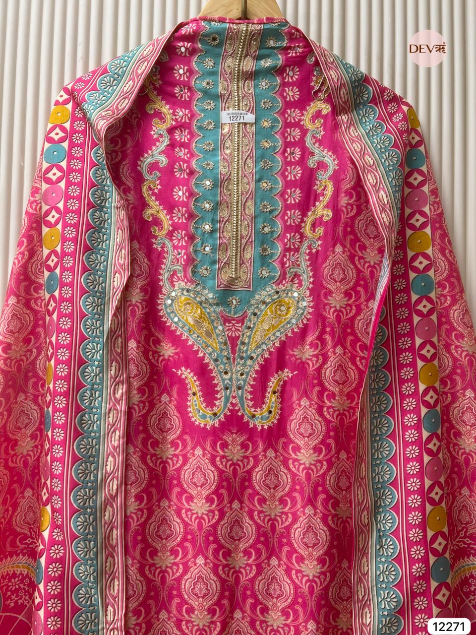 Rani Pink Russian Silk Printed Unstitched 3-Piece Suit (Devri – D.No 12271)