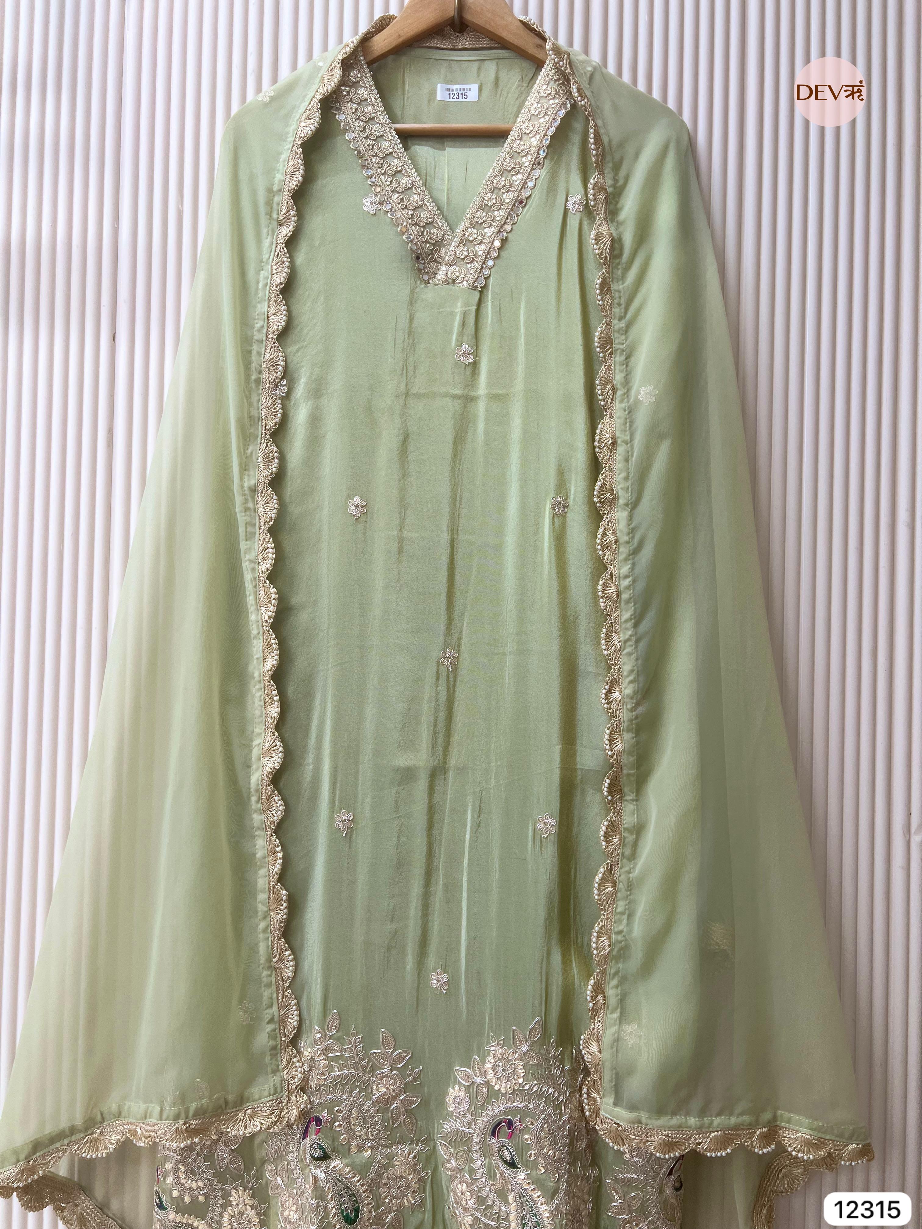 Pistachio Green Shimmer Silk Embroidered Unstitched 3-Piece Suit (Devri – D.No 12315)