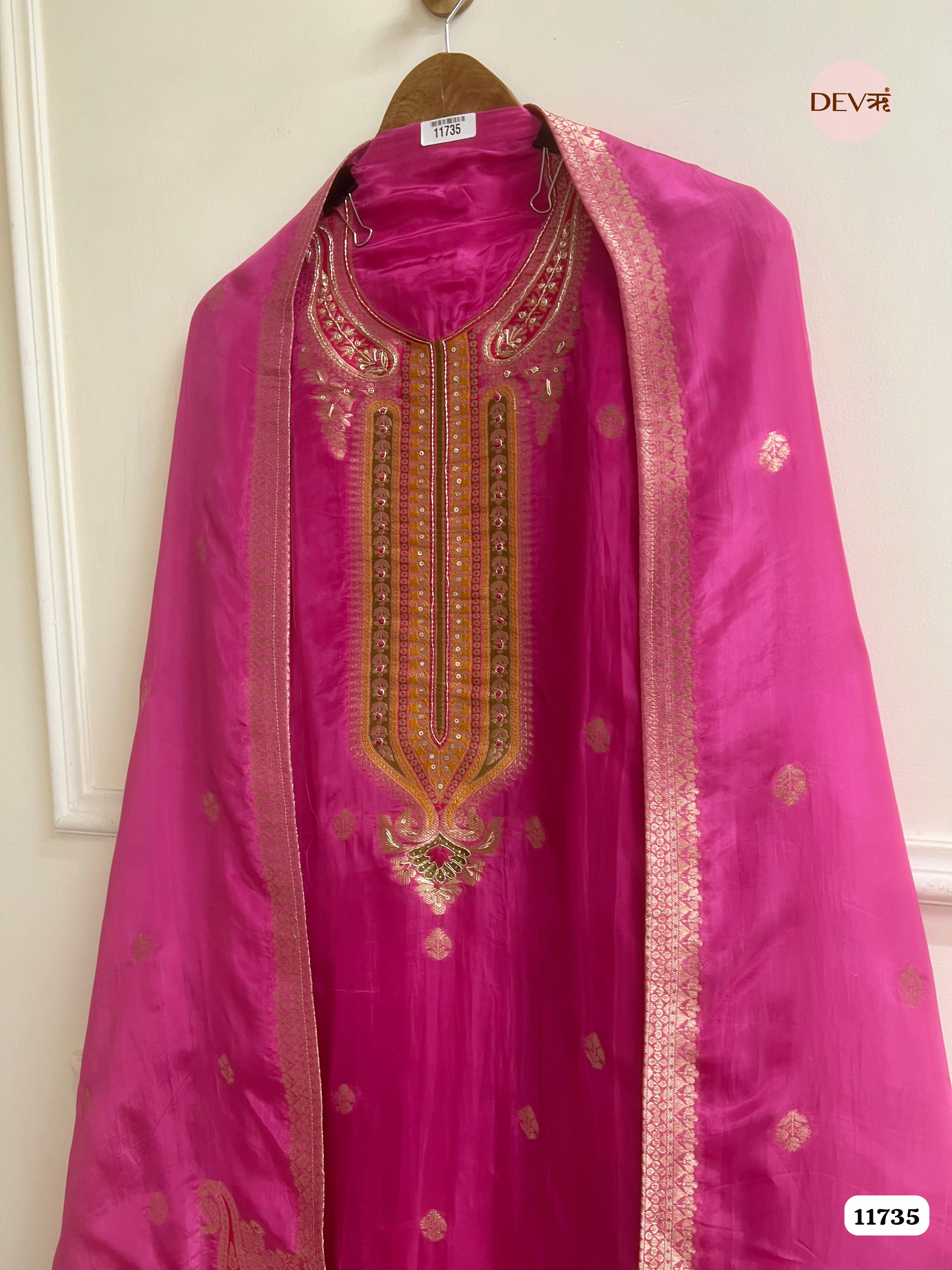 Pink Organza Silk Unstitched Banarasi Weave Hand Embroidered -Set Of 3 {11735}