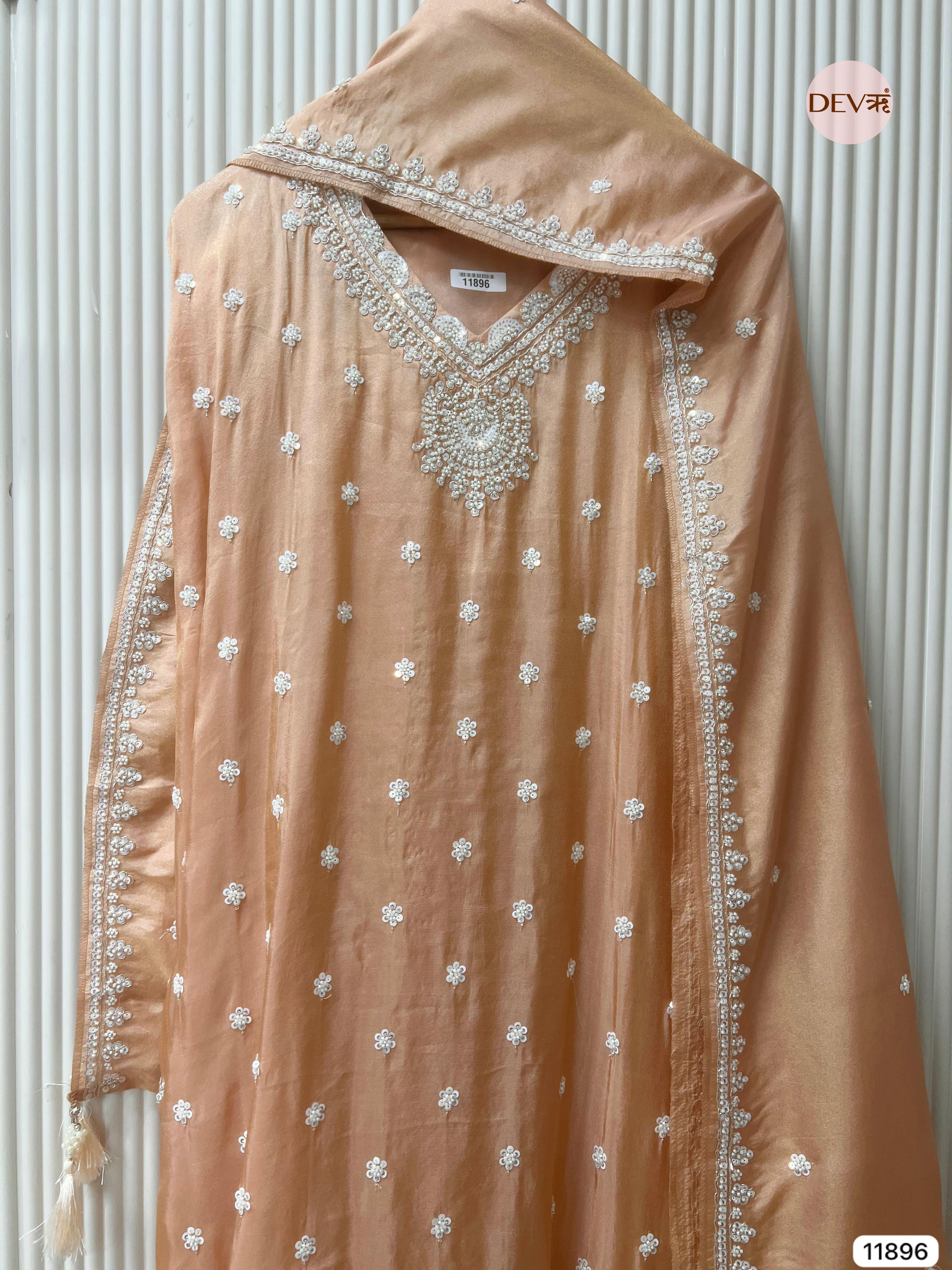 Light Orange Shimmer Tissue Silk Unstitched Embroidered -Set Of 3- {11896}