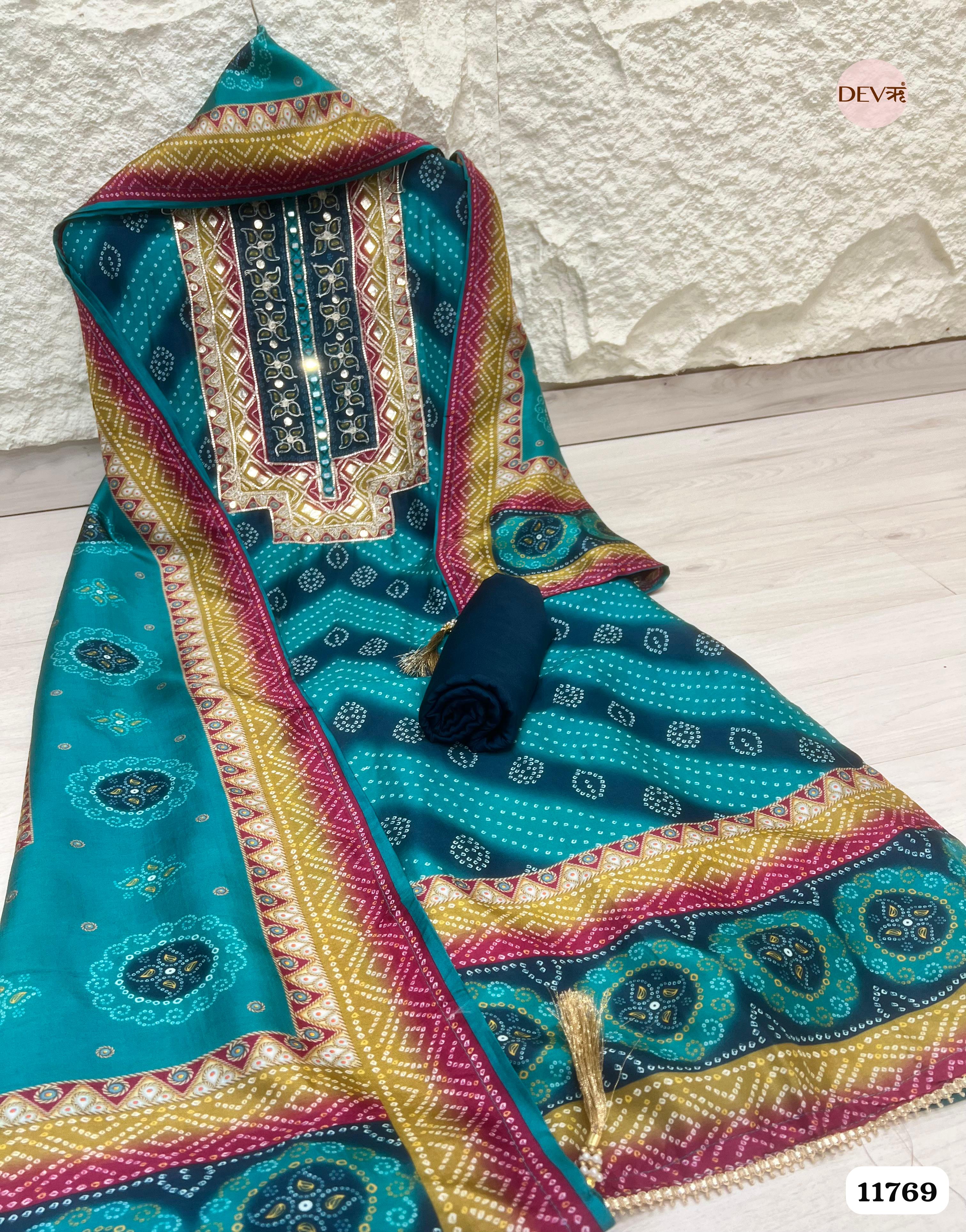 Blue Green Russian Silk Printed Unstitched Hand Embroidered -Set Of 3 {11769}