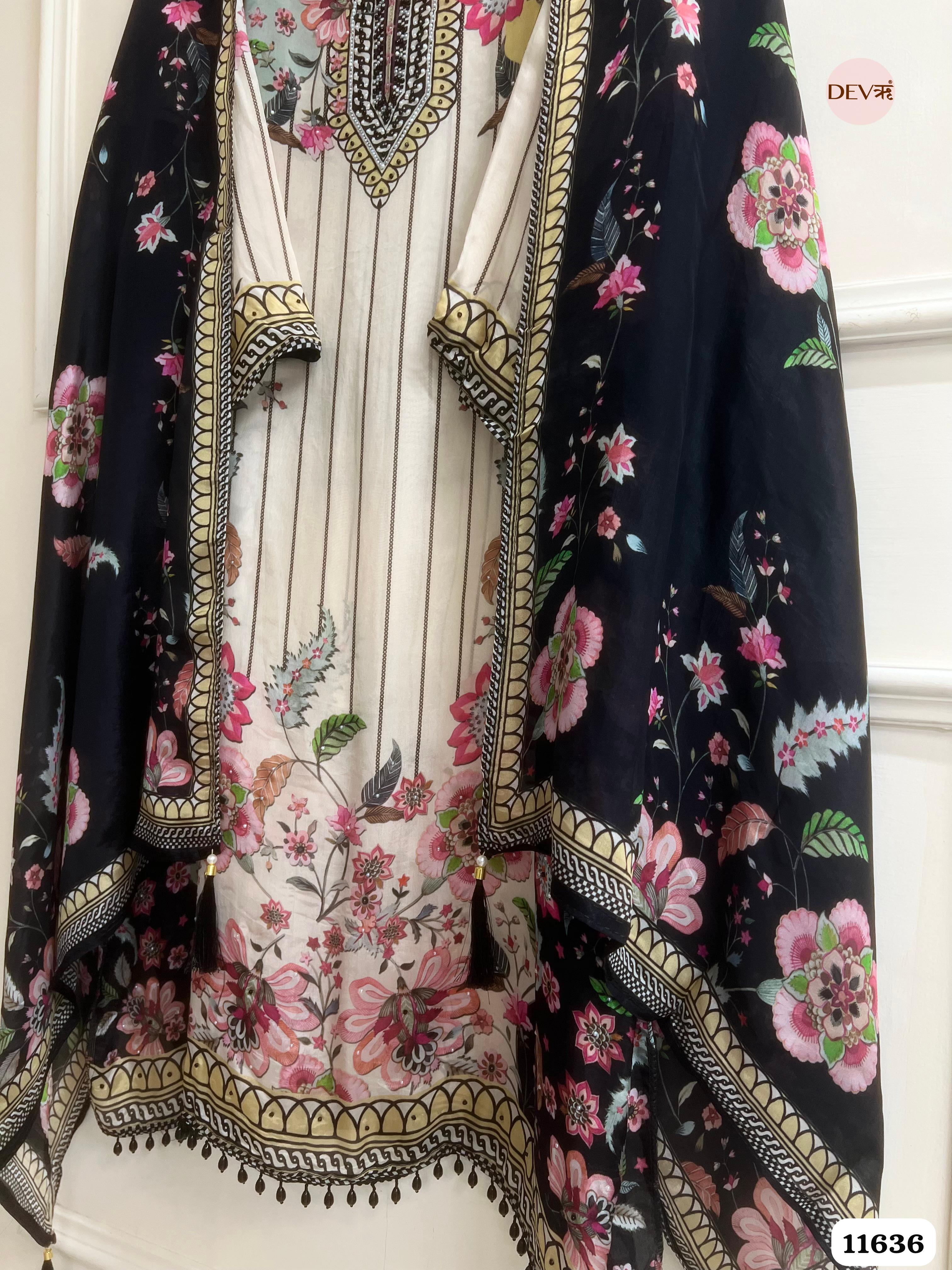 Multi Colour Organza Printed Semi stitched Hand Embroidered -Set Of 3 {11636}