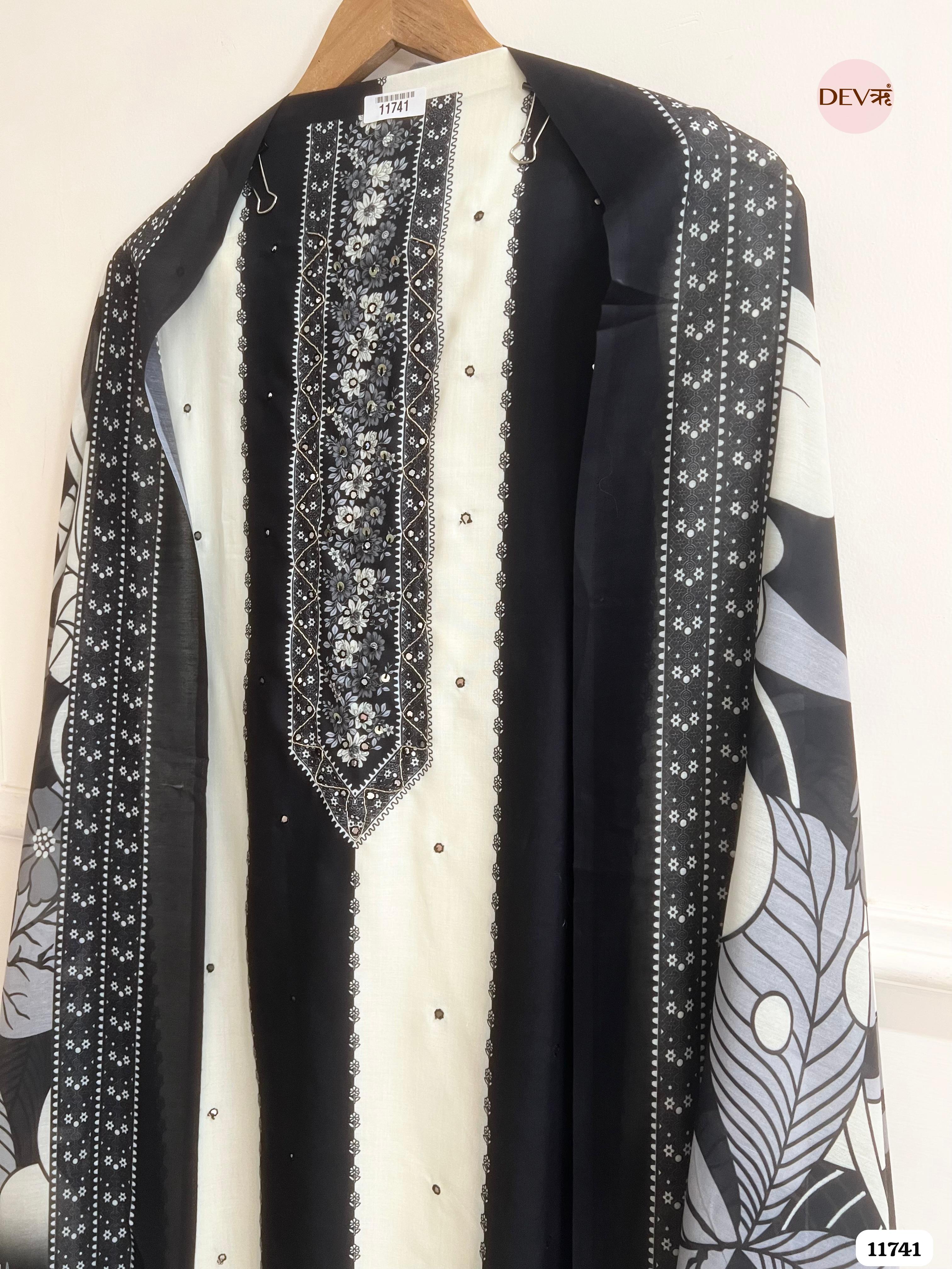 Black And White Cotton Unstitched Embroidered Printed -Set Of 3 {11741}