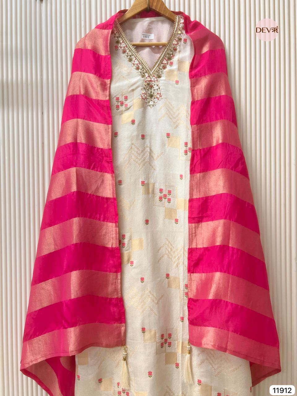 Off White Tissue Shimmer Silk Unstitched Banarasi Weave Hand Embroidered -Set Of 3 - {11912}