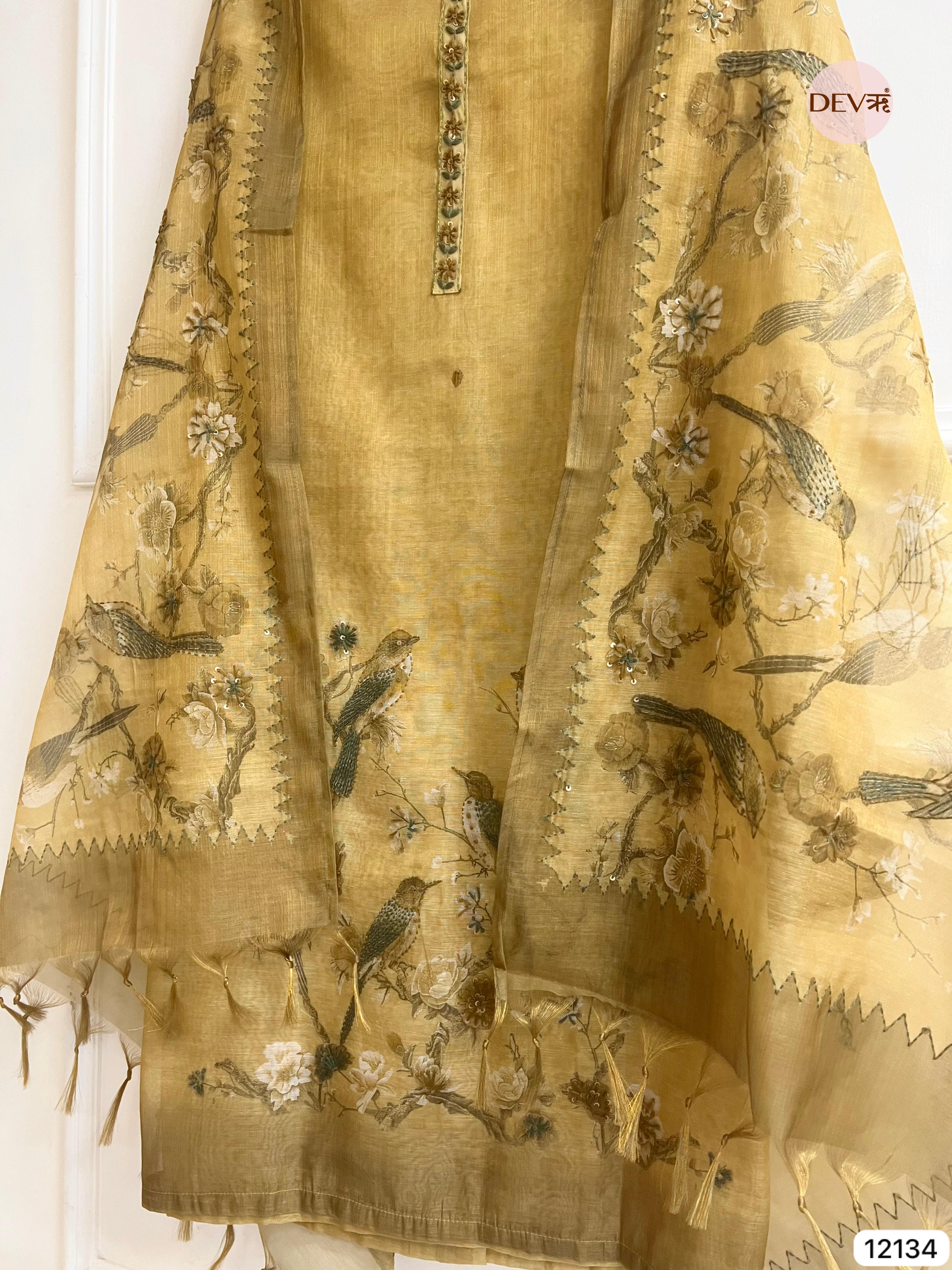 Yellow Pure Soft jamdani linen Woven Unstitched -Set Of 3 - {12134}