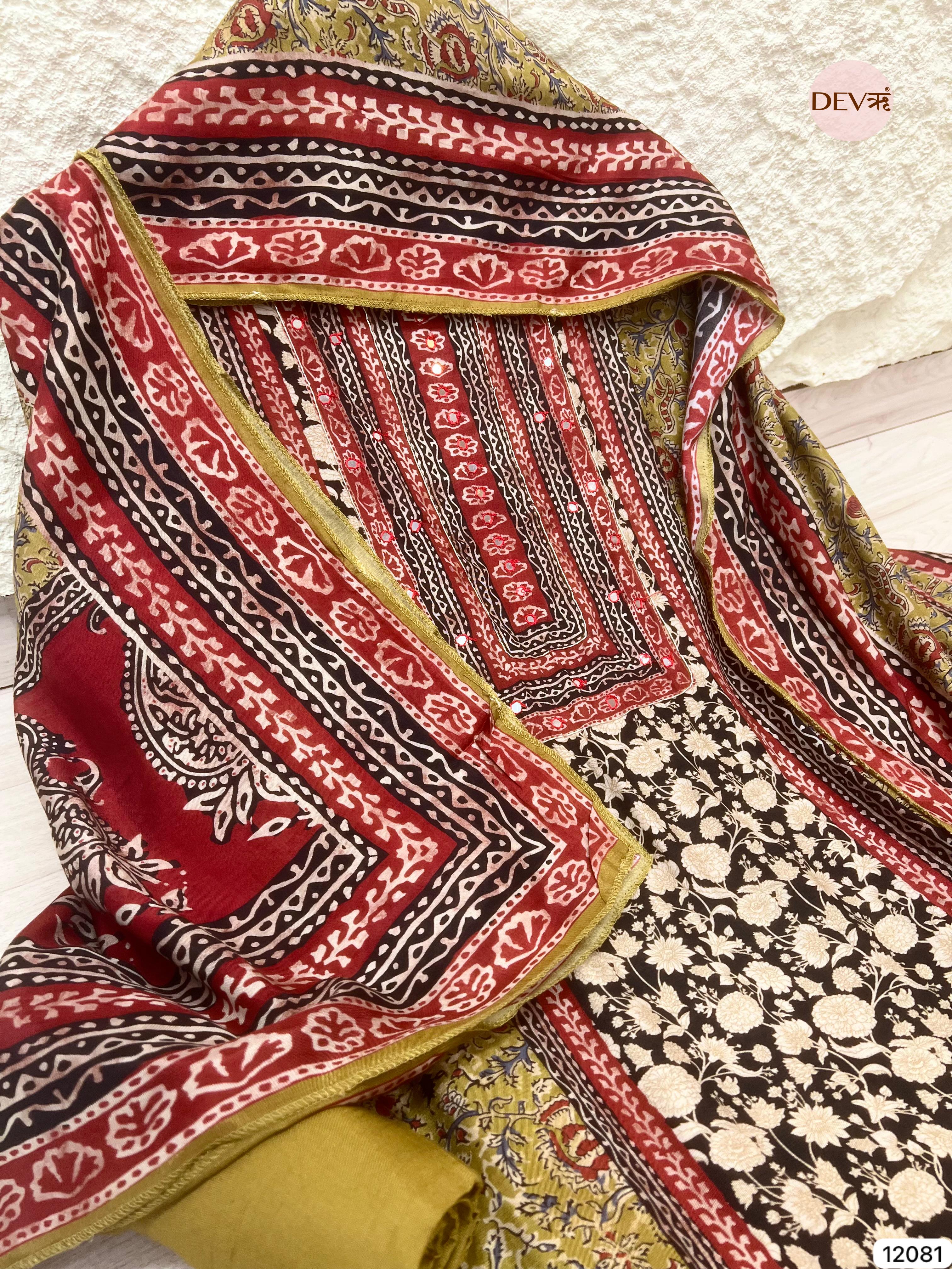 Multi colour Pure Muslin Unstitched Printed Embroidered -Set Of 3- {12081}