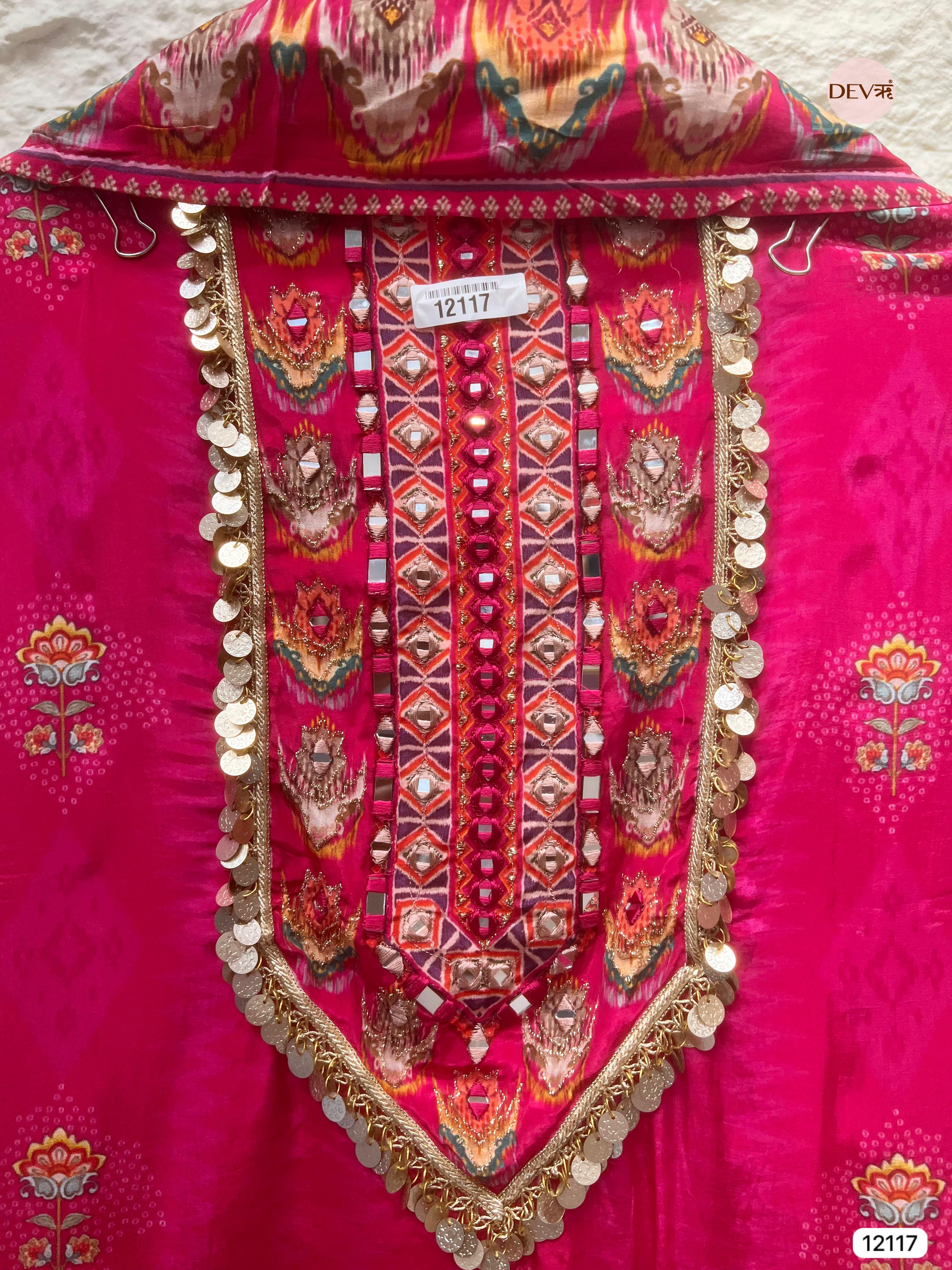 Pink Pure Natural Crepe Unstitched Printed Hand Embroidered - Set Of 3 - {12117}