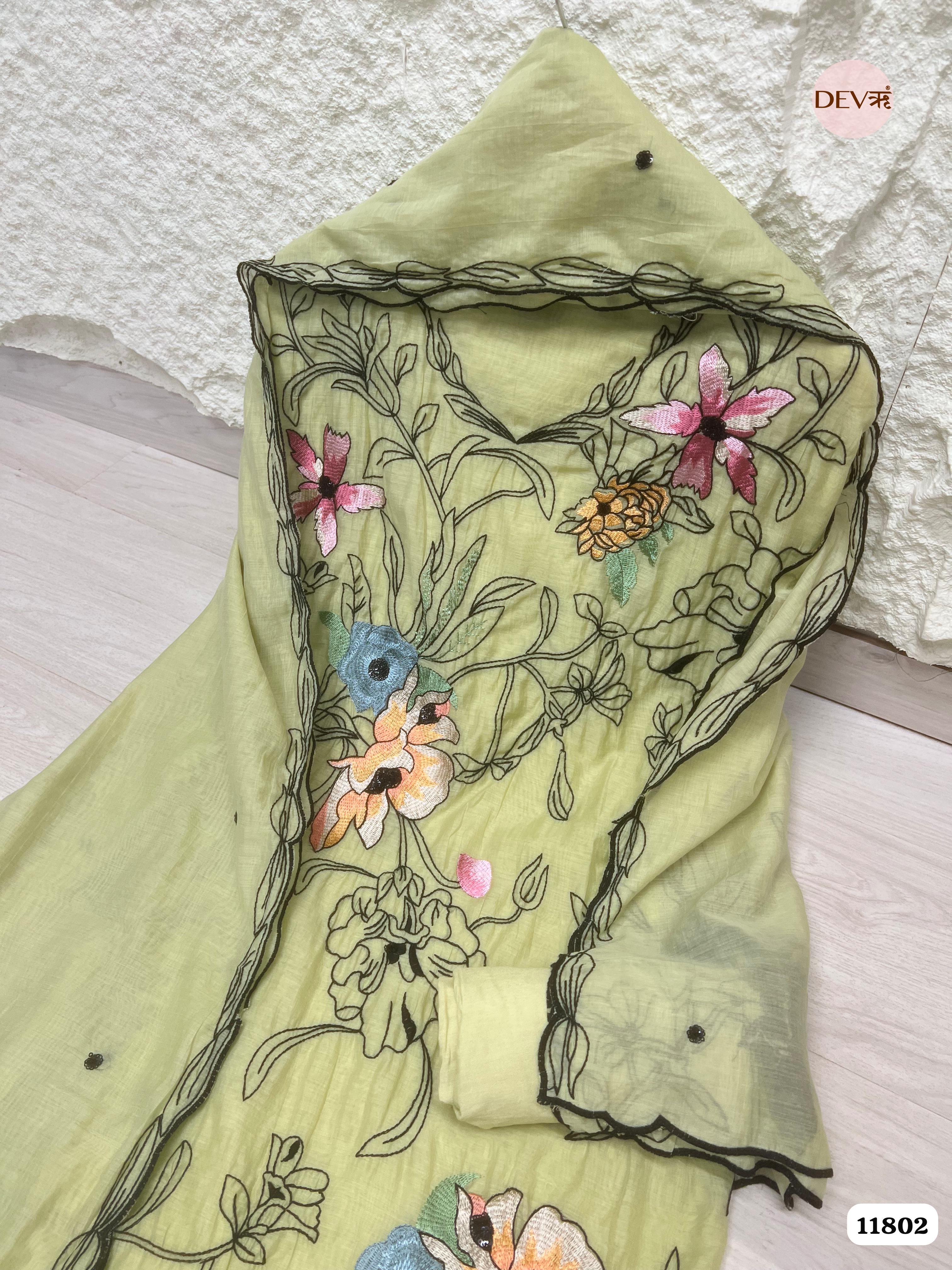 Green Mul Chanderi Unstitched Embroidered -Set Of 3 {11802}