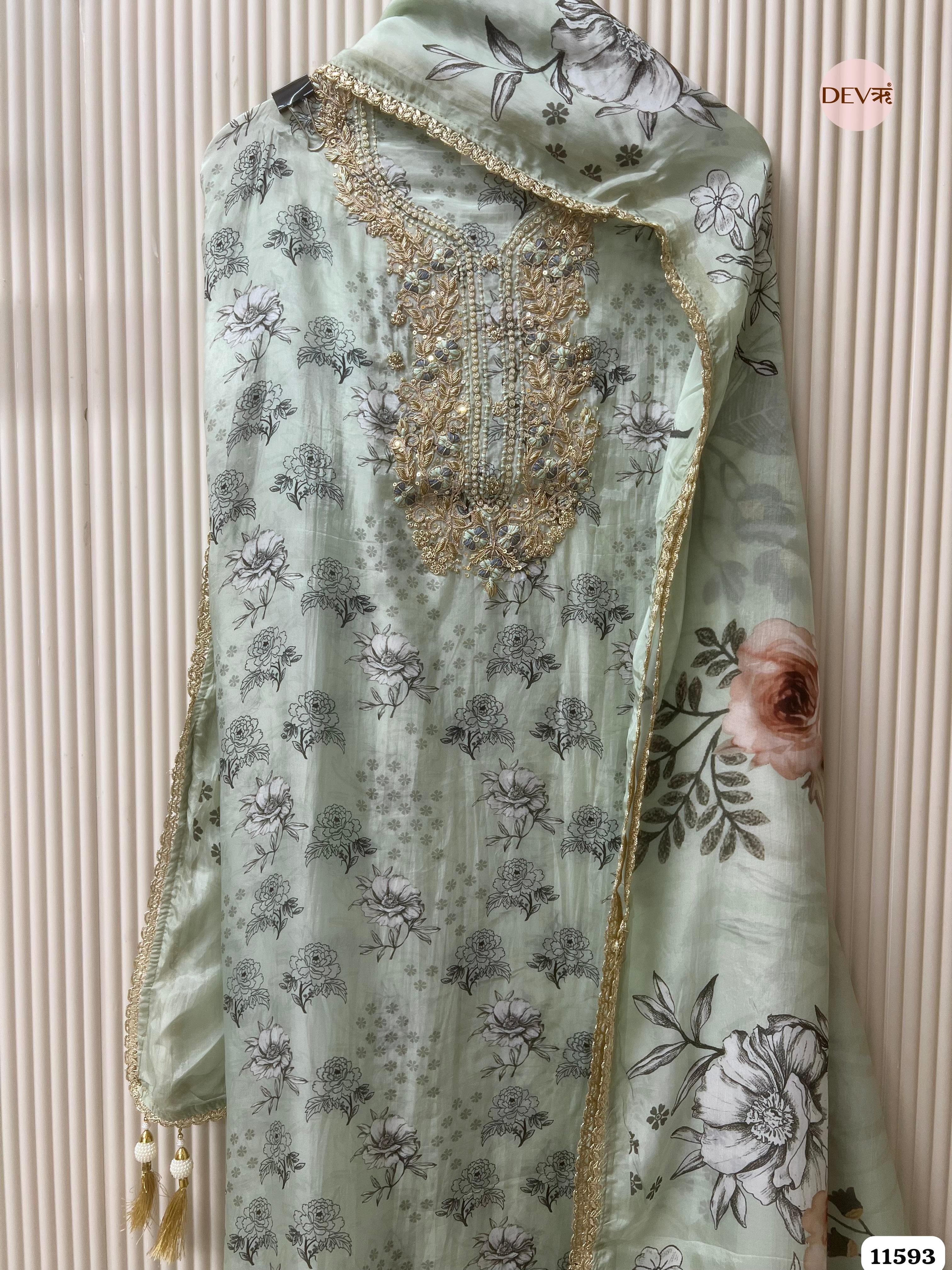 Mint Green Pure Organza Silk Unstitched Printed Hand Embroidered -Set Of 3 {11593}