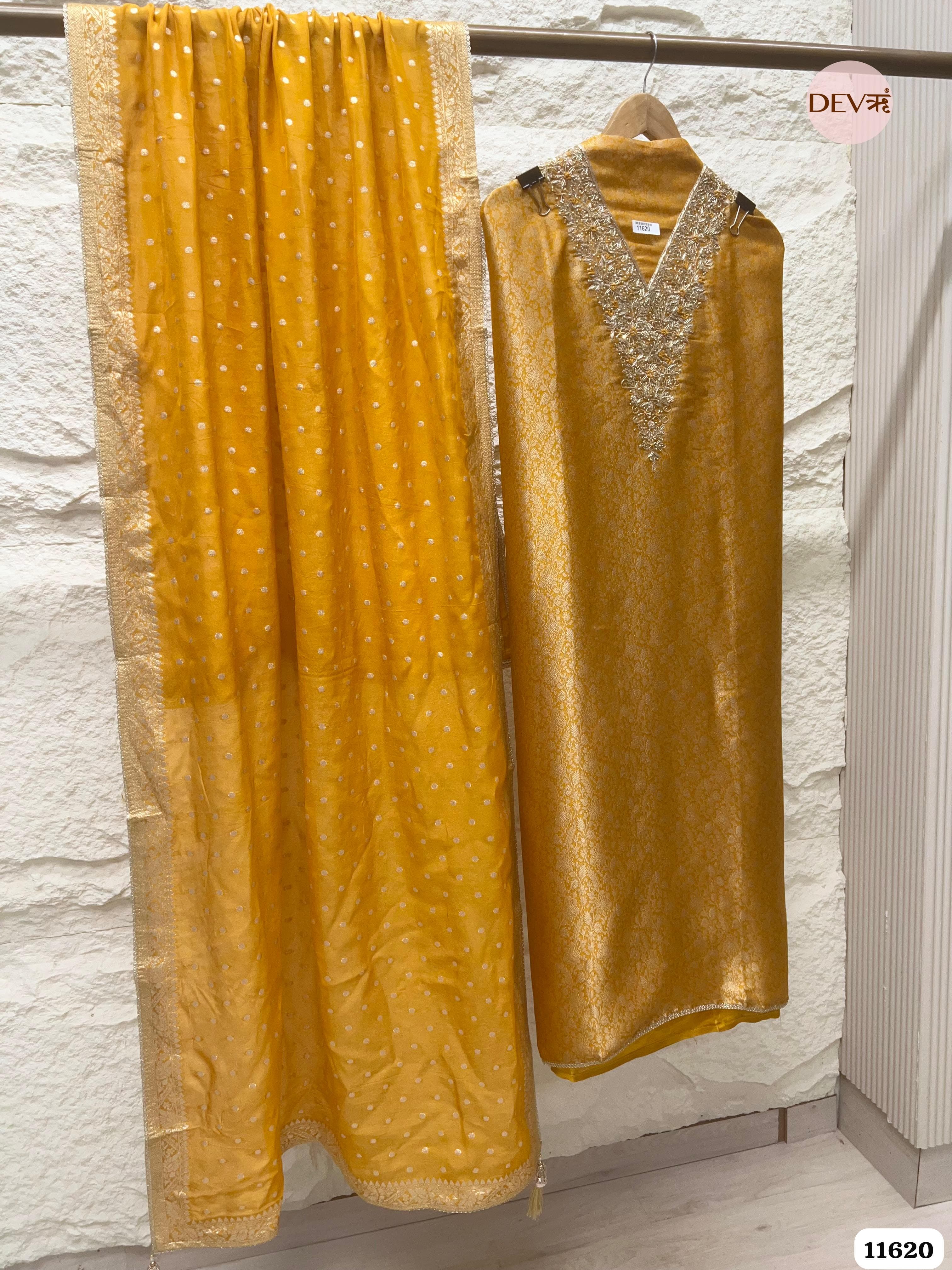 Yellow Pure Tissue Banarasi Silk Unstitched Hand Embroidered -Set Of 3 {11620}