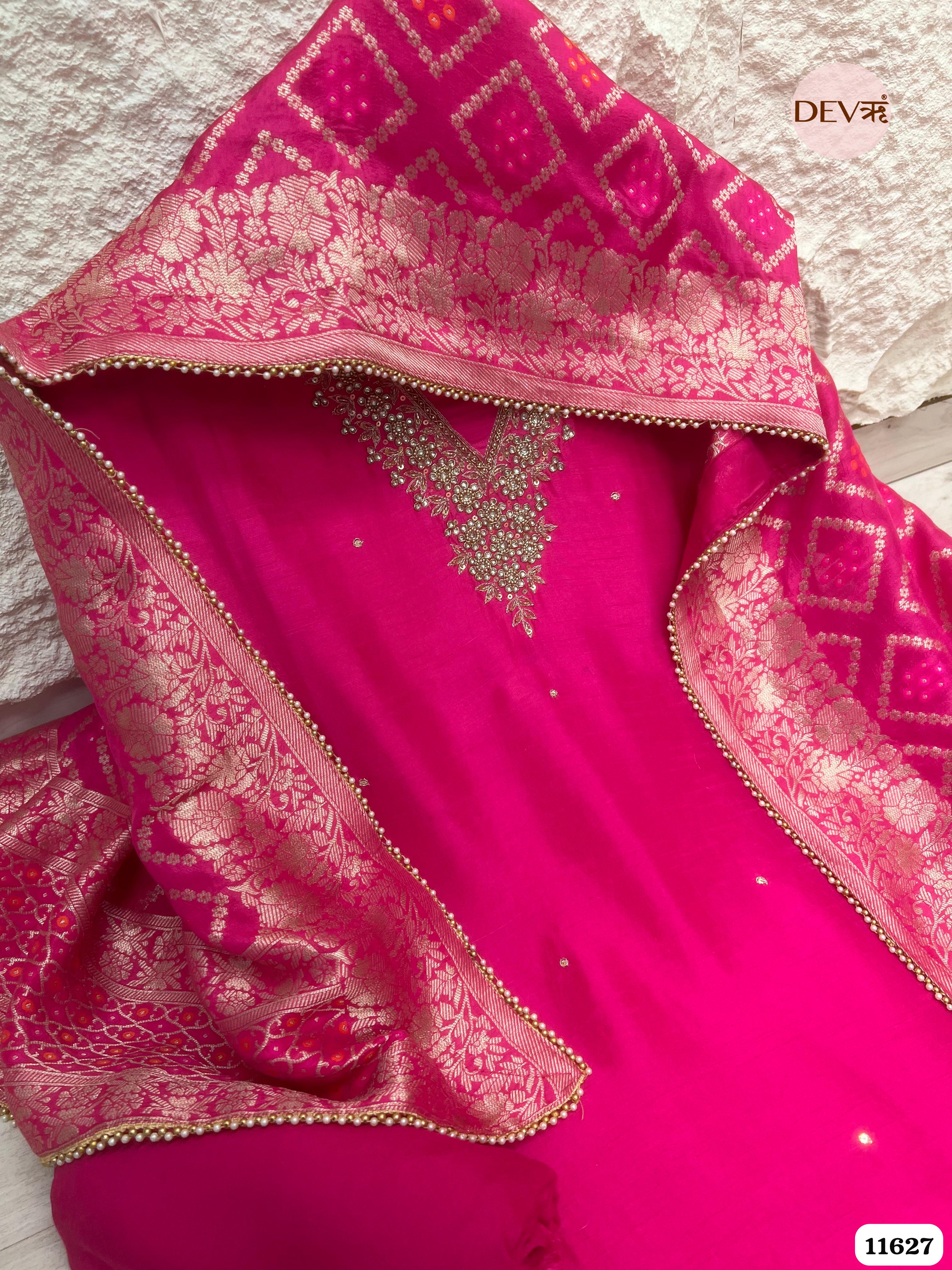 Hot Pink Pure Russian Silk Unstitched Hand Embroidered -Set Of 3 {11627}