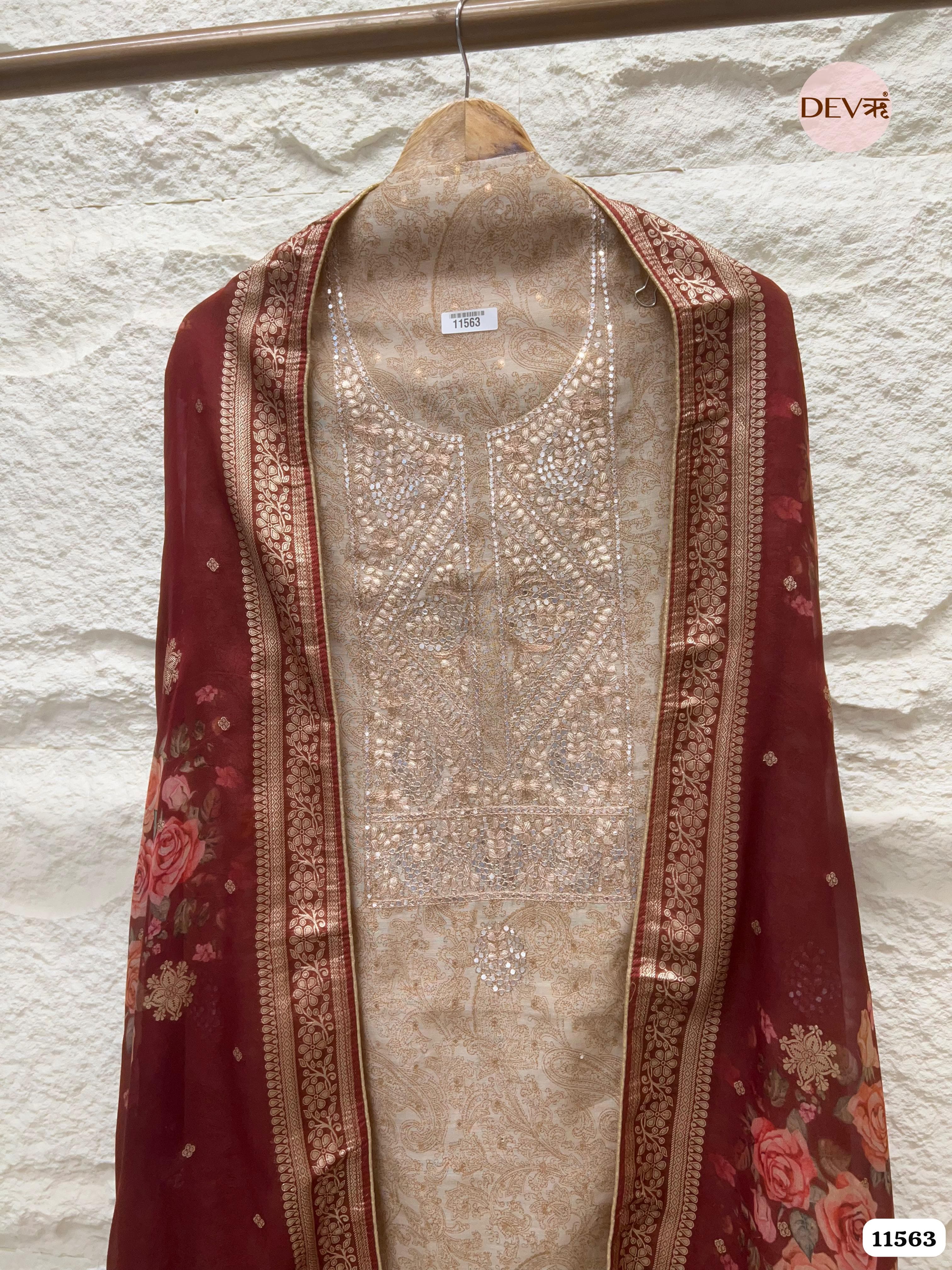 Cream Colour Pure Organza Silk Printed Unstitched Hand Embroidered -Set Of 3 {11563}