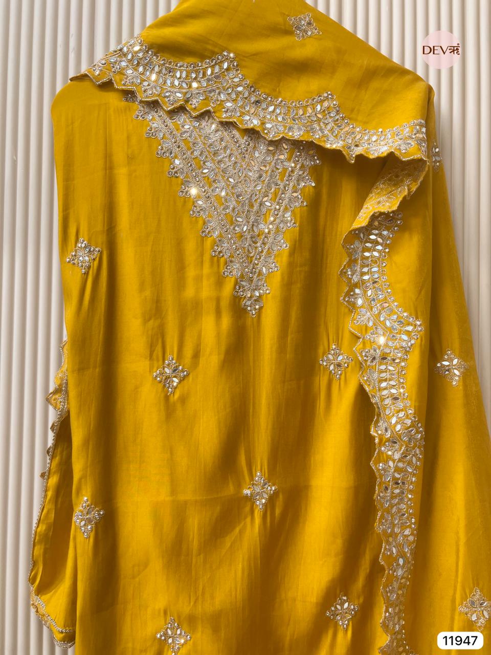 Yellow Modal Silk Unstitched Hand Embroidered -Set Of 3 - {11947}