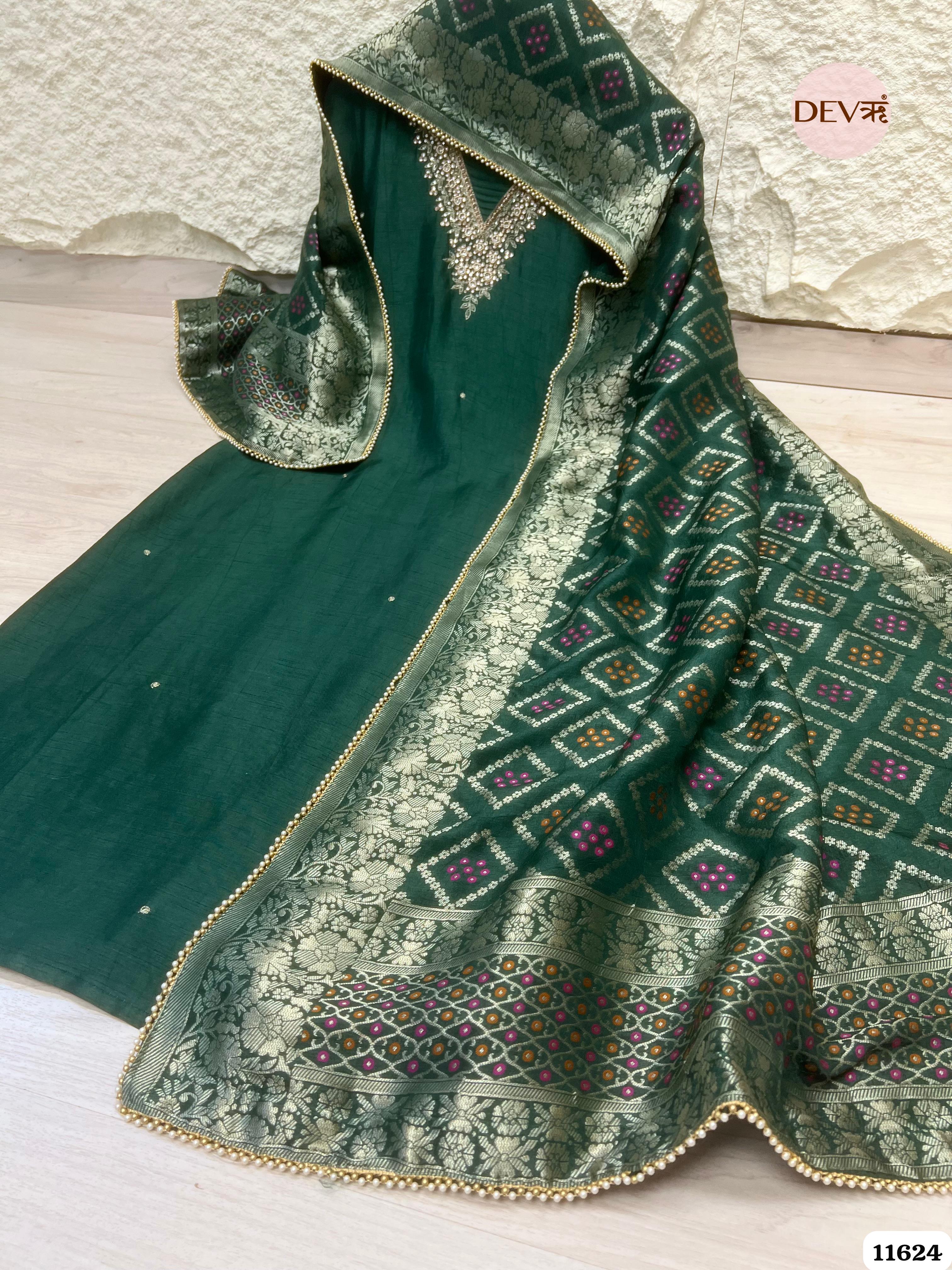 Dark Green Pure Russian Silk Unstitched Hand Embroidered -Set Of 3 {11624}