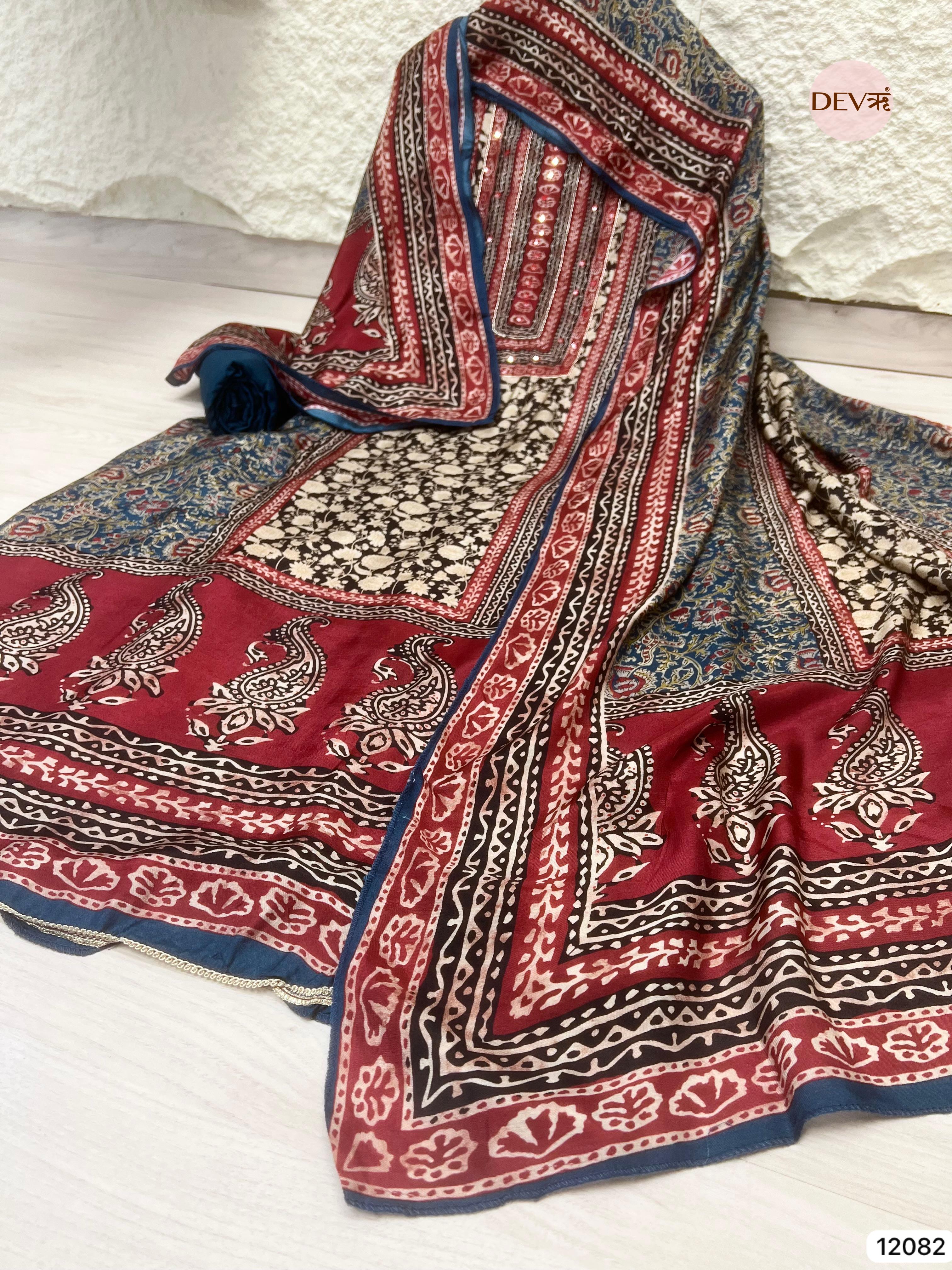 Multi colour Pure Muslin Unstitched Printed Embroidered -Set Of 3 - {12082}