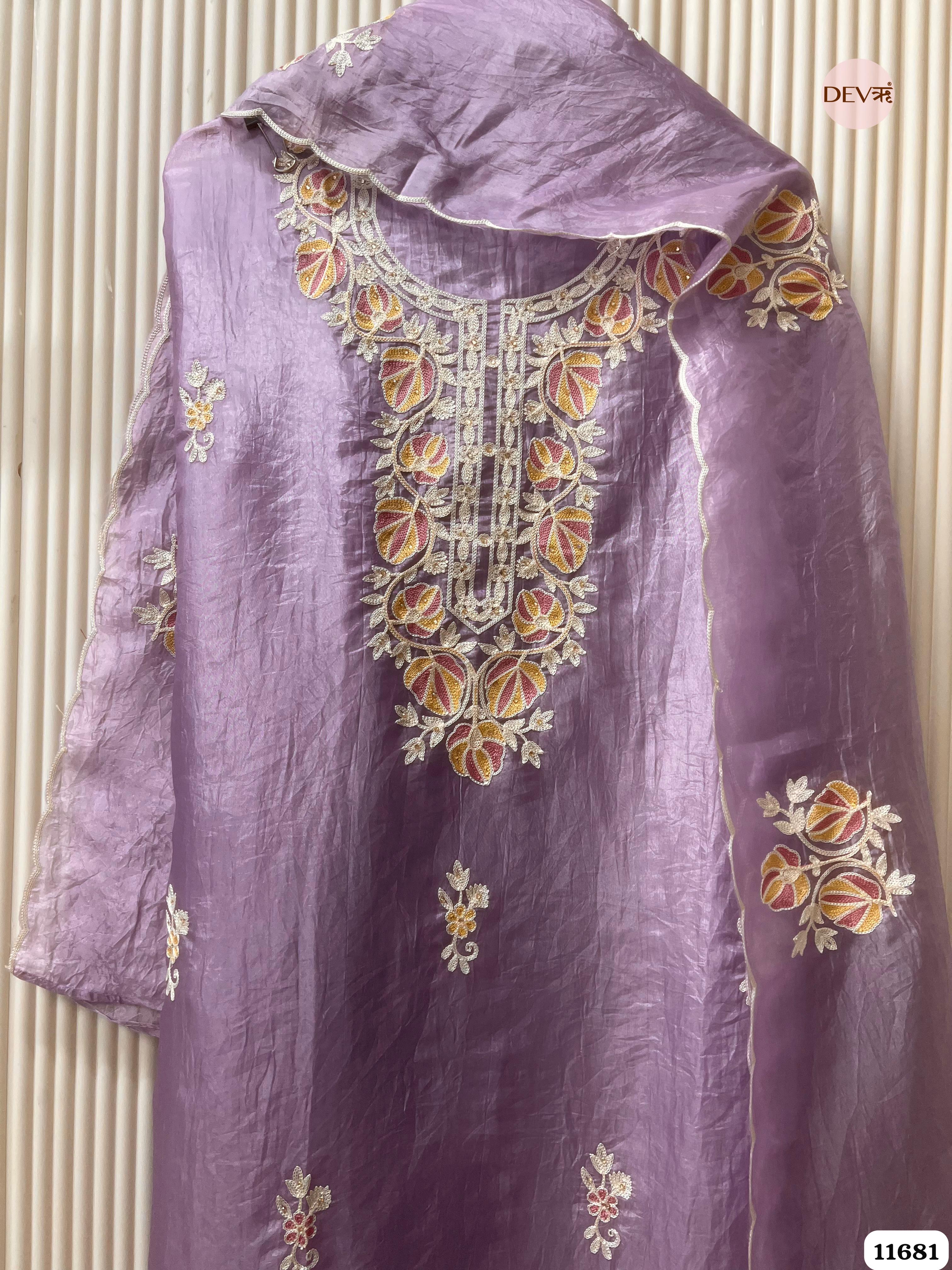 Purple Tissue Crush Silk Unstitched Embroidered -Set Of 3 {11681}