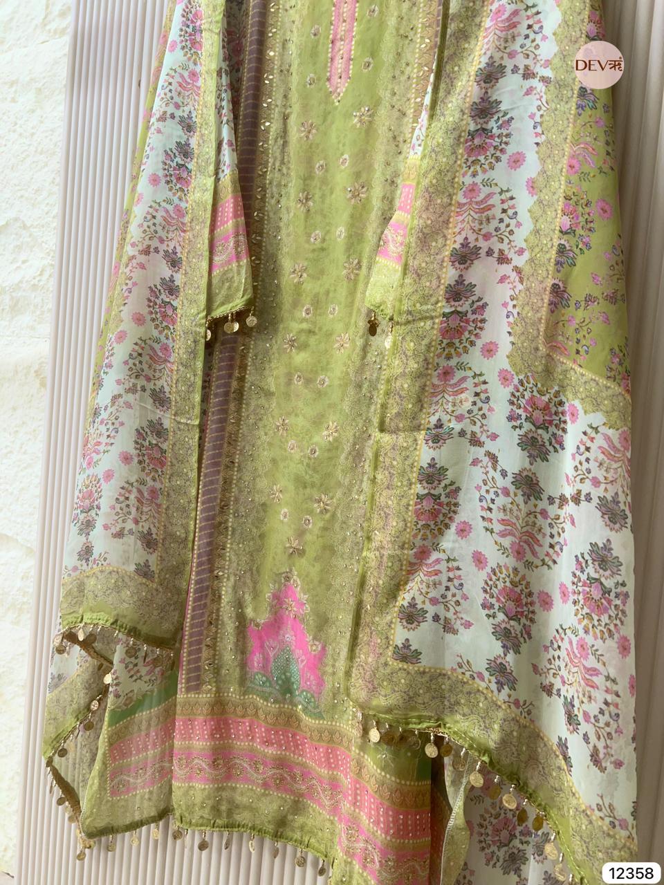 Sage Green Organza Printed Unstitched 3-Piece Suit (Devri – D.No 12358)