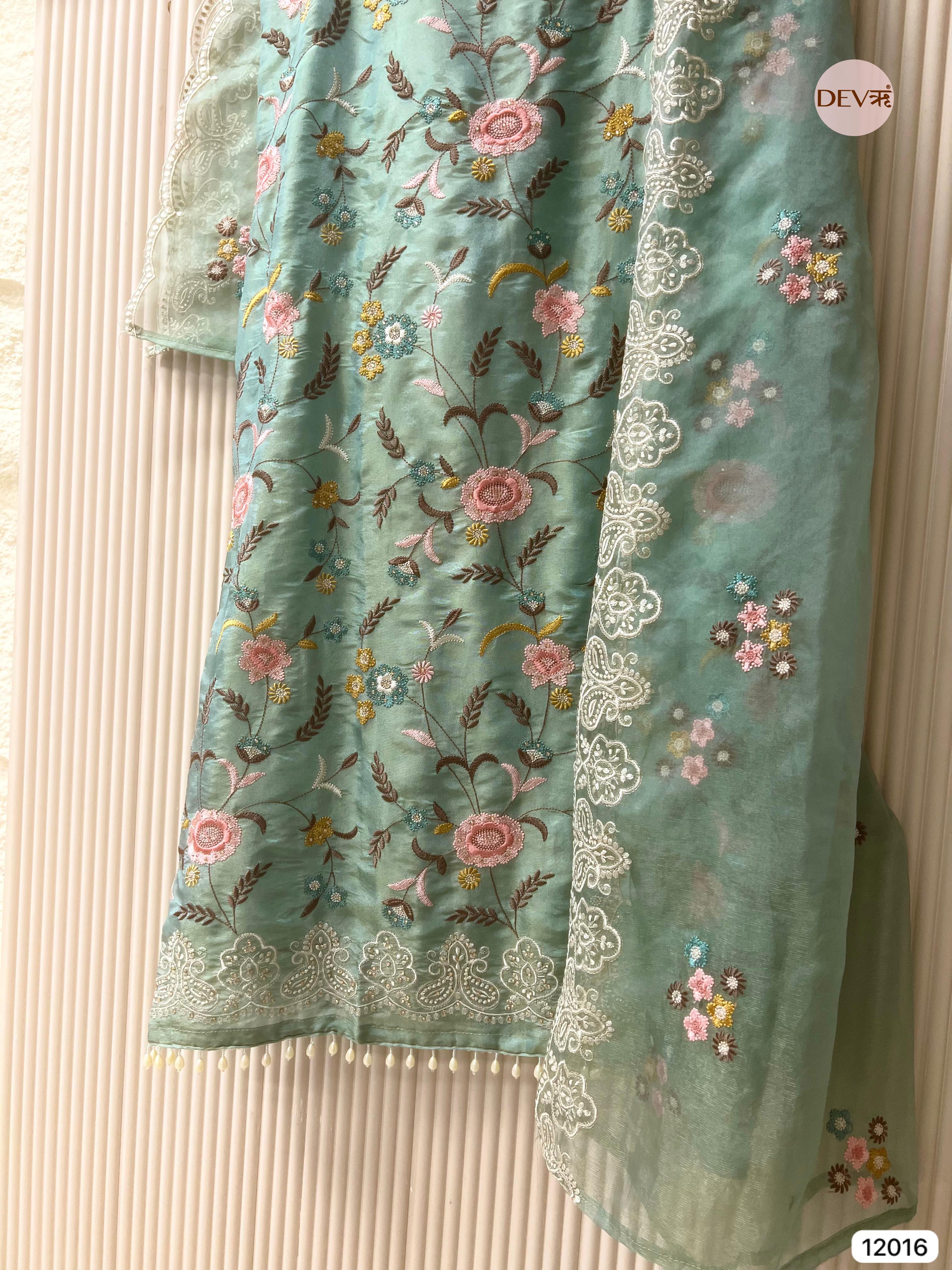 Blue Shimmer Tissue Silk Unstitched Embroidered -Set Of 3 - {12016}