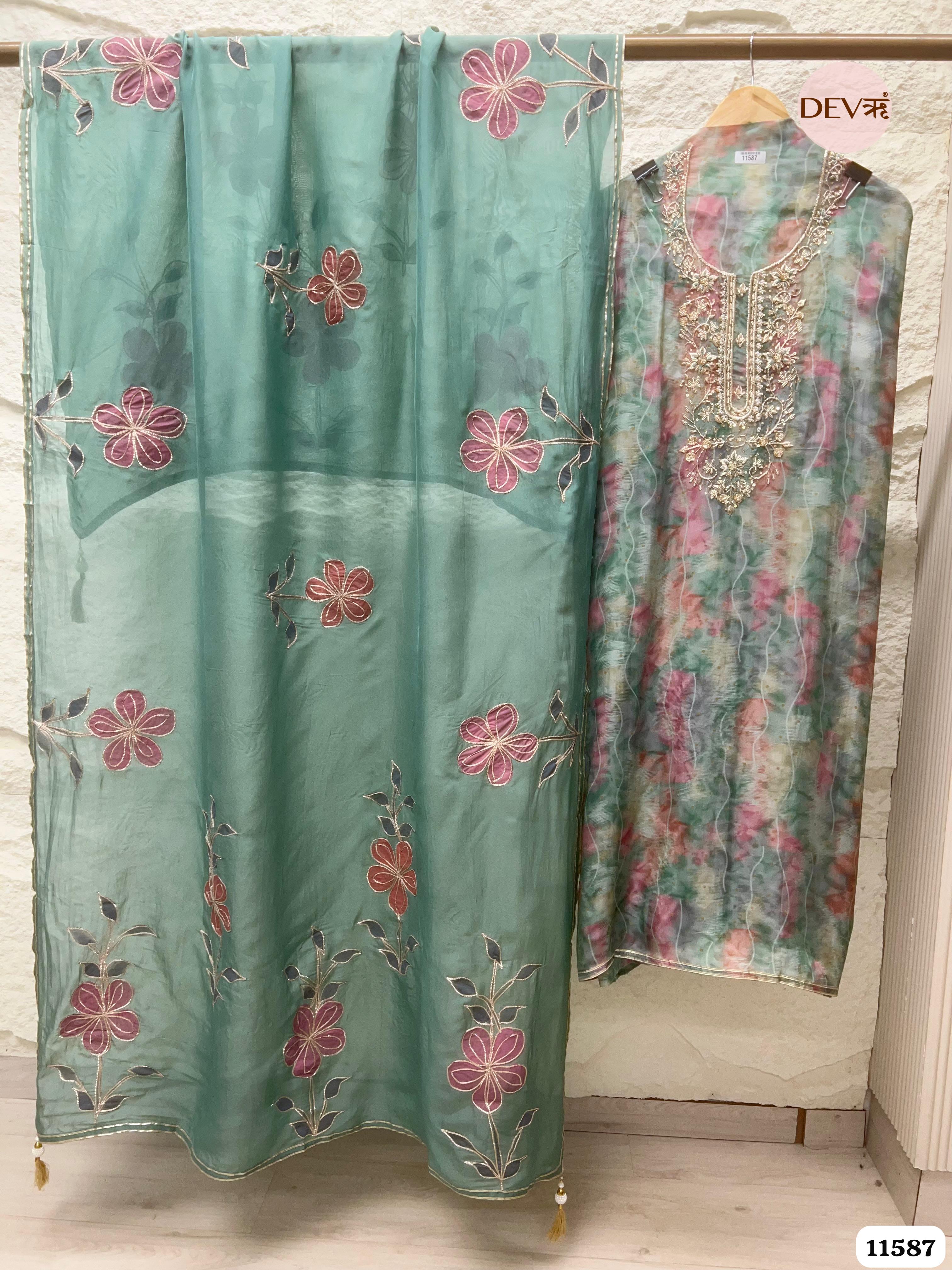 Green Pure Organza Silk Printed Unstitched Hand Embroidered -Set Of 3 {11587}