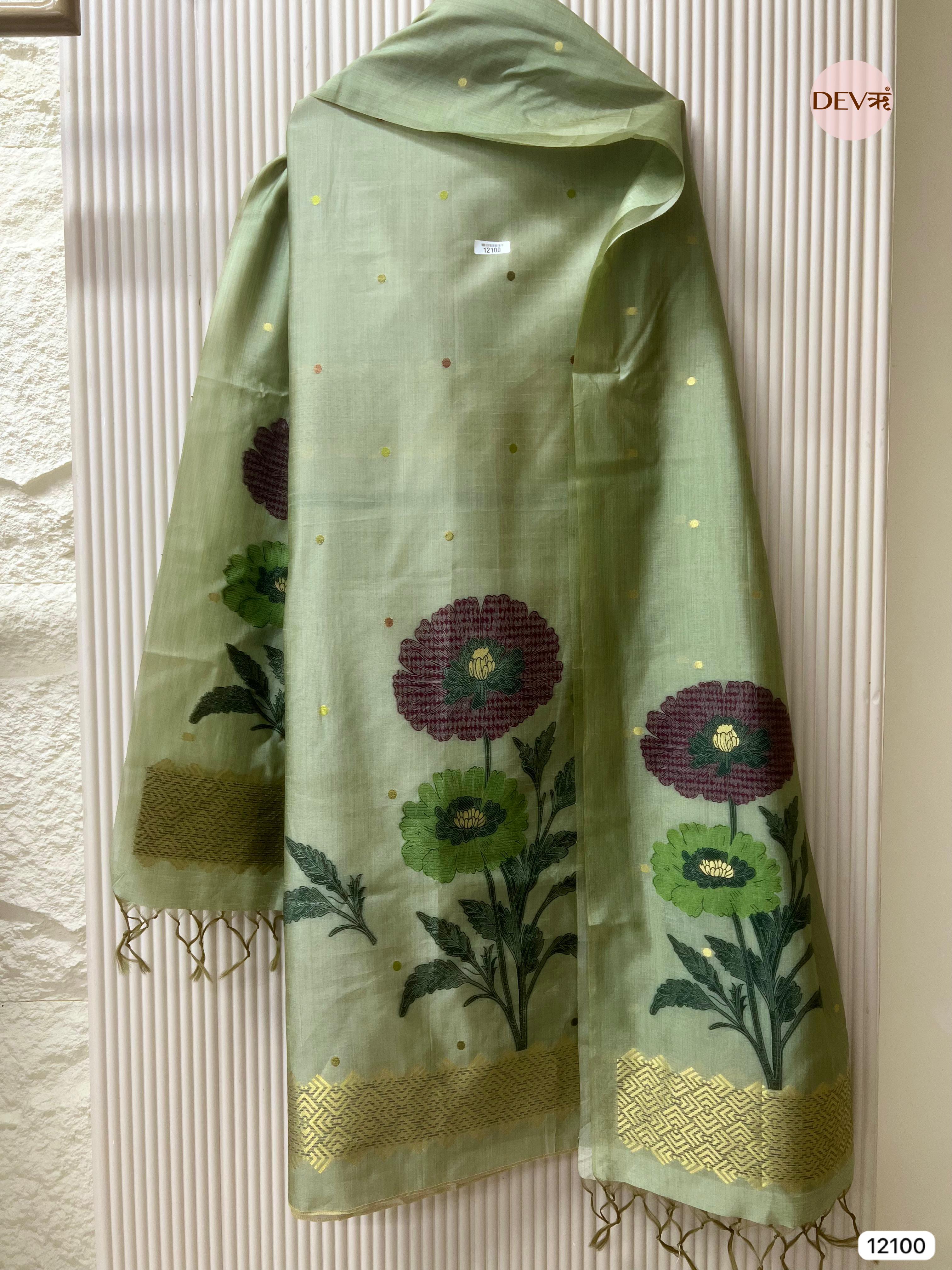 Green Banarasi Khadi Silk Unstitched -Set Of 3 - {12100}