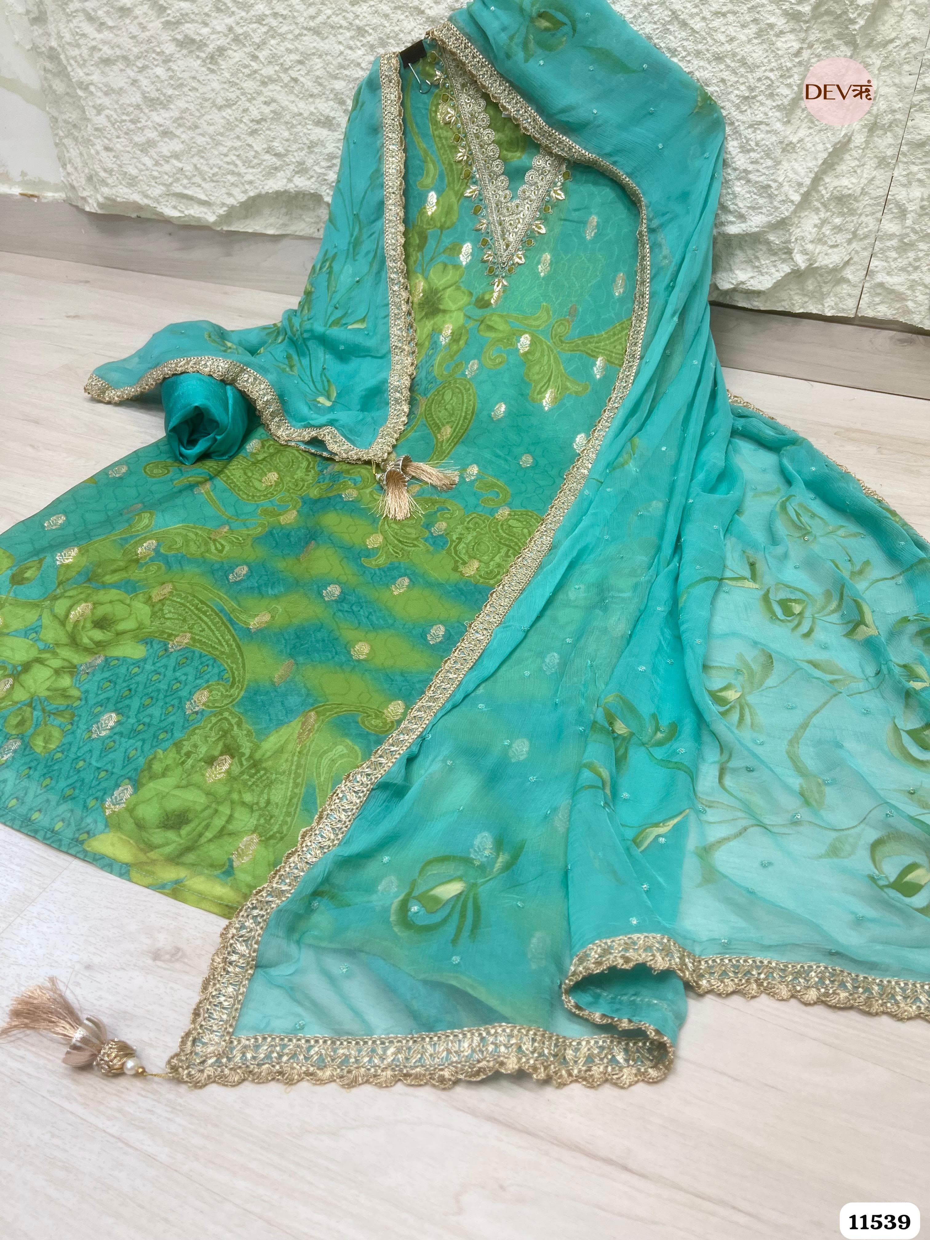 Green Pure Silk Unstitched Printed Hand Embroidered -Set Of 3 {11539}