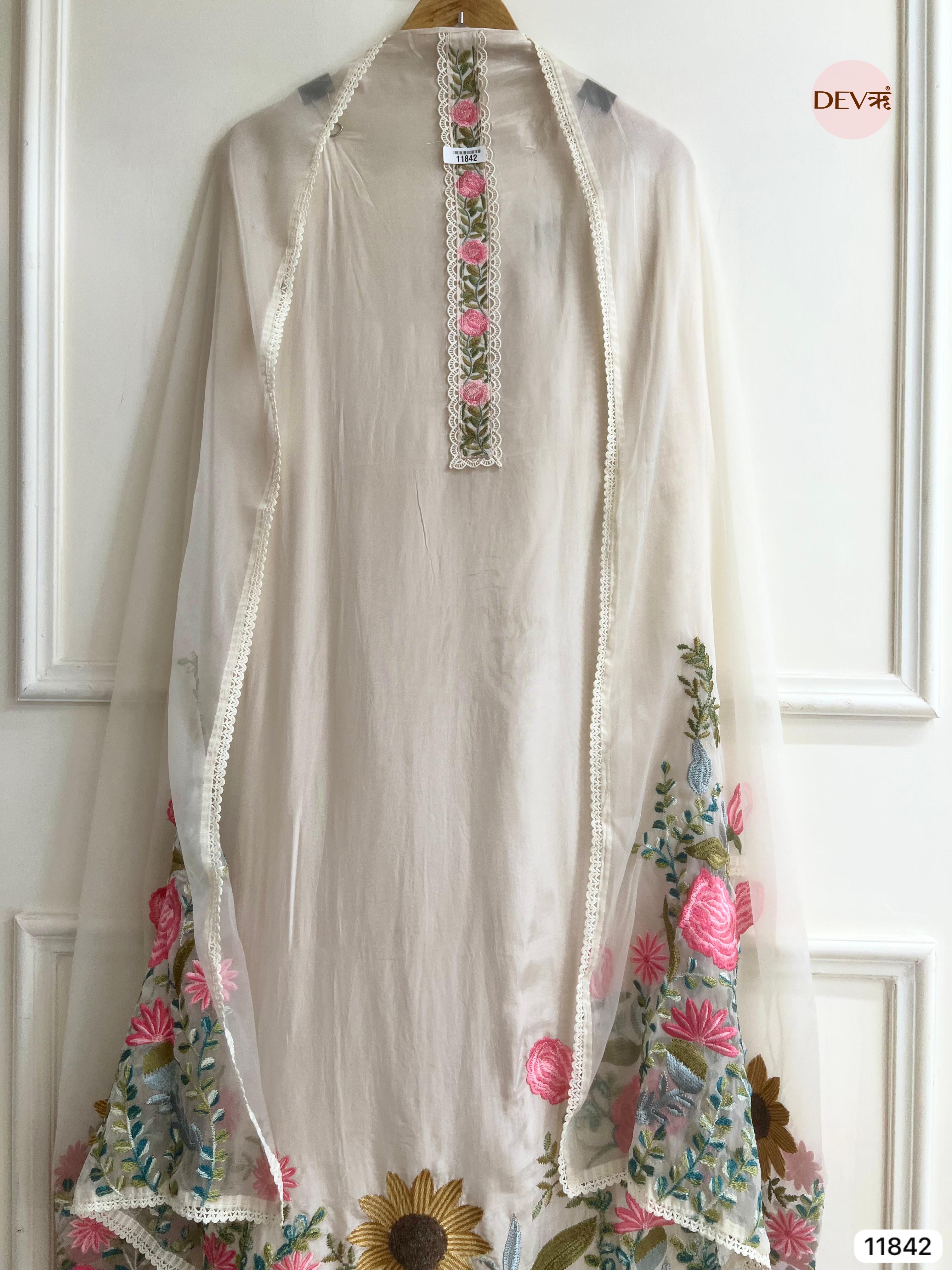 White Organza Silk Unstitched Embroidered -Set Of 3 - {11842}