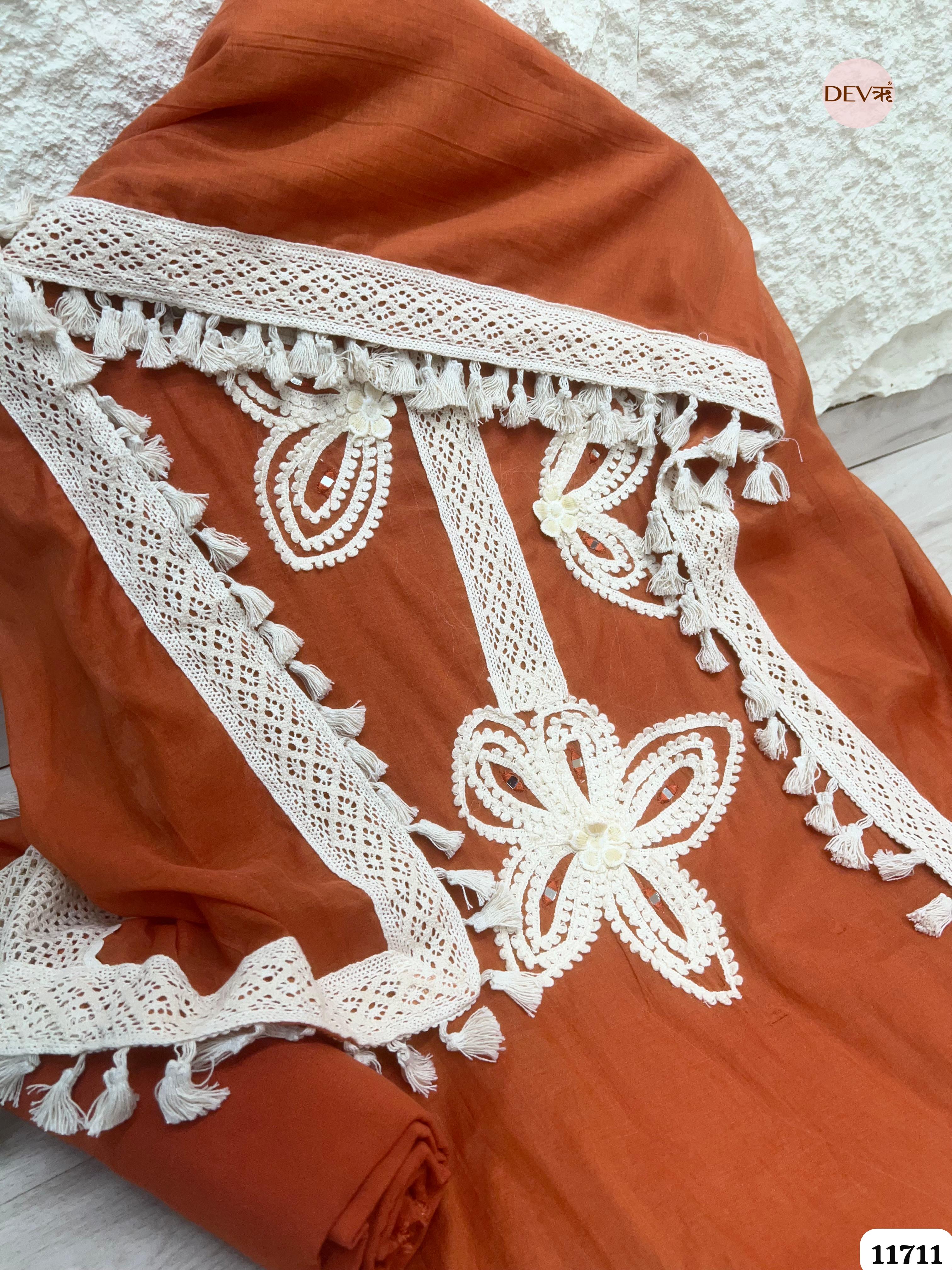 Rust Mul Chanderi Unstitched Hand Embroidered -Set Of 3 {11711}