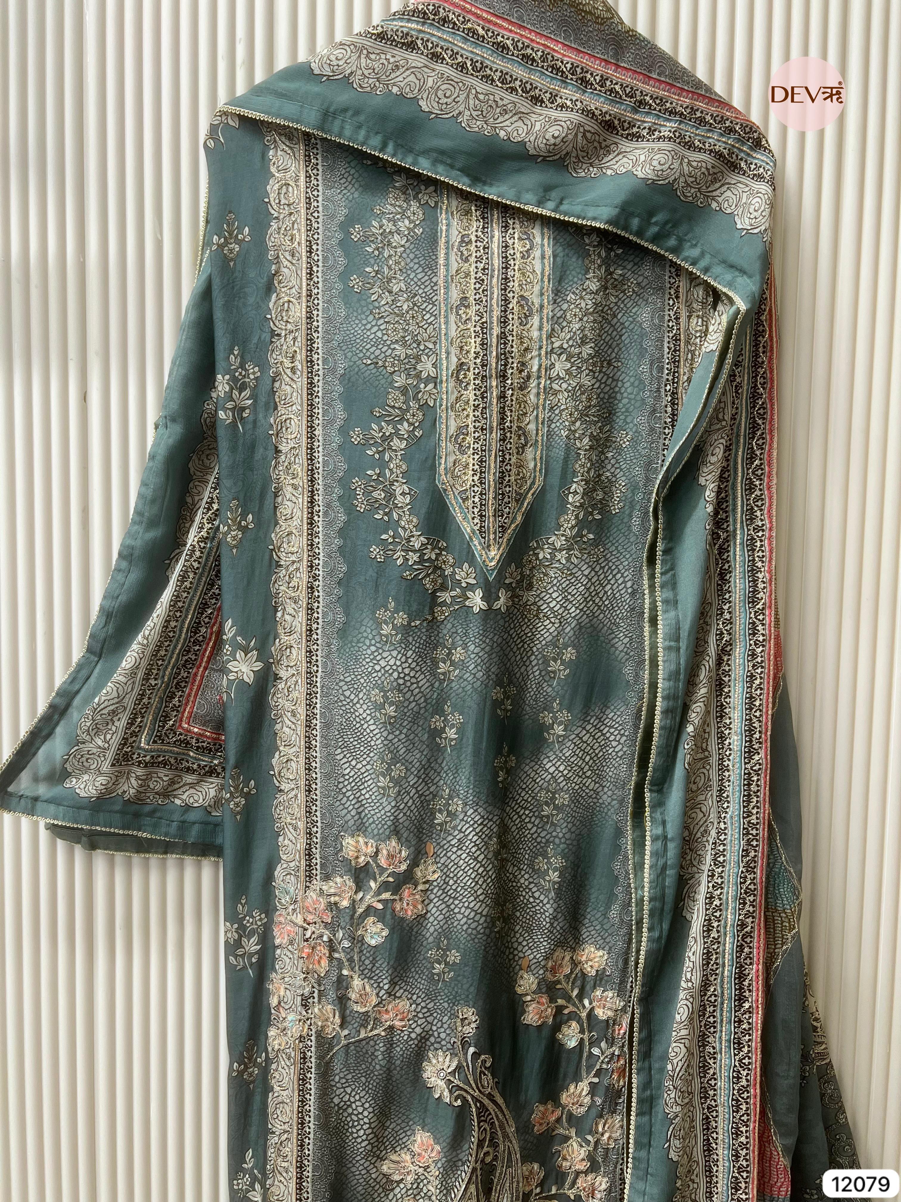 Green Pure Muslin Unstitched Printed With Hand Zardosi Embroidery -Set Of 3 - {12079}