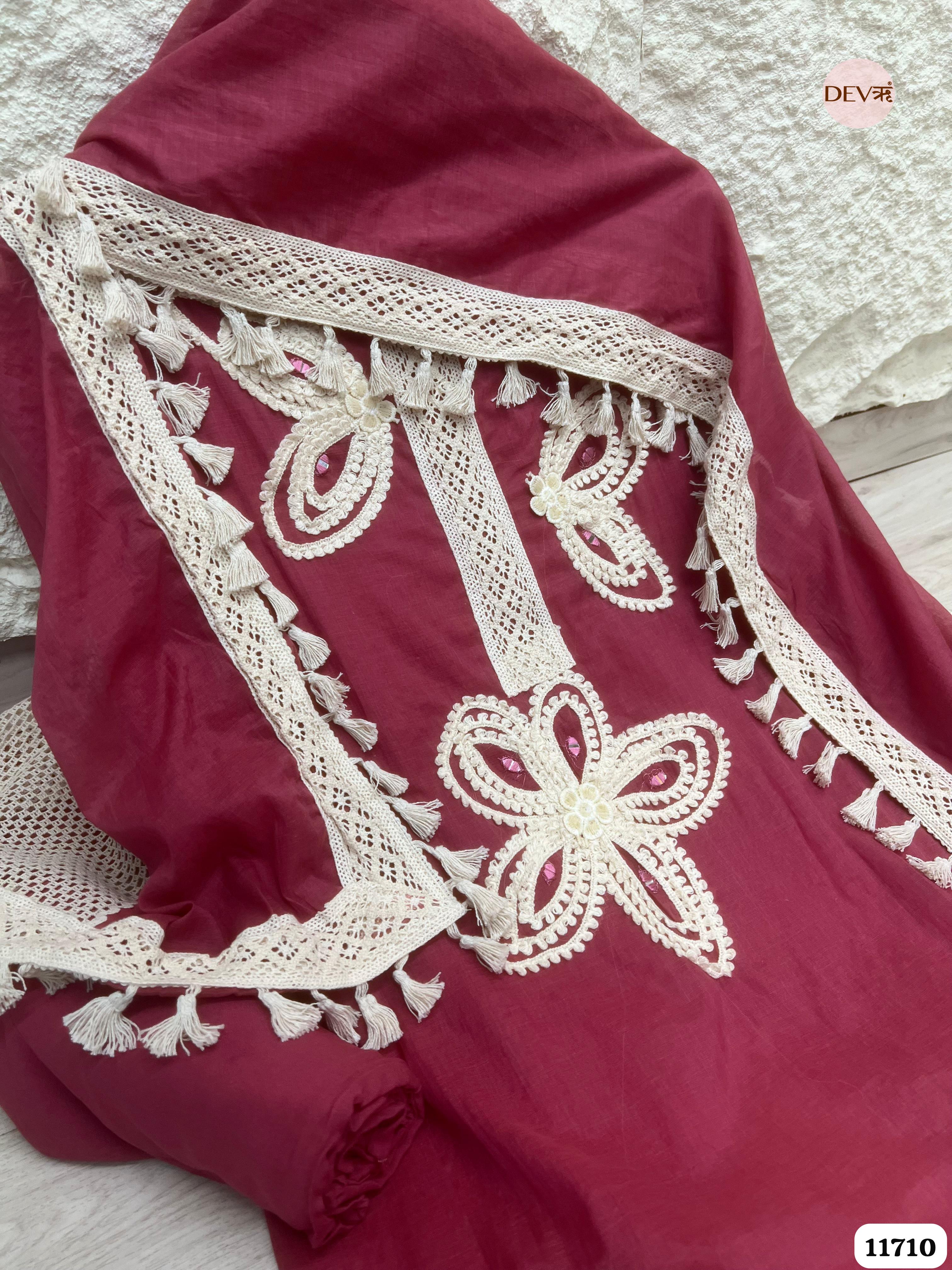 Maroon Mul Chanderi Unstitched Hand Embroidered -Set Of 3 {11710}